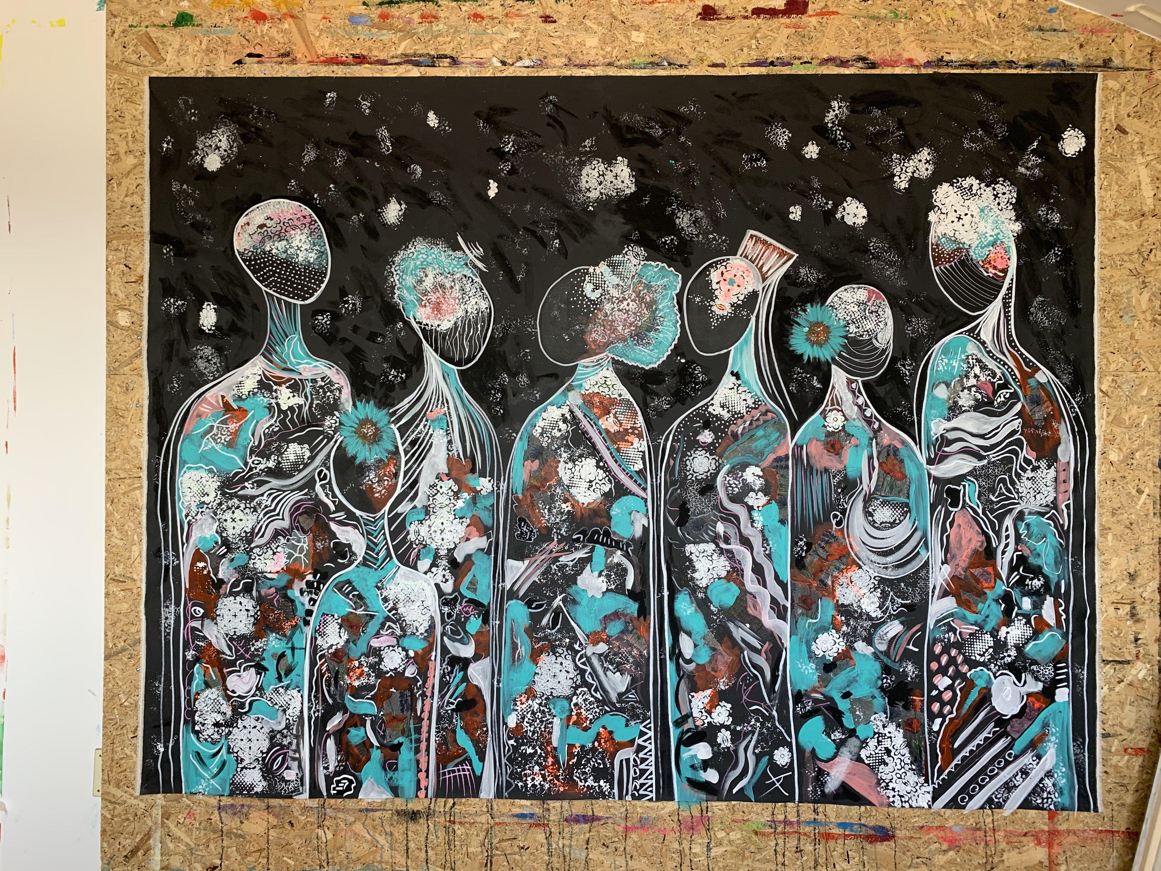 Pittura originale contemporanea, acrilici, collage, tela 100% cotone.    Titolo: Amici 58, 2020  Dimensioni: 79''x 60'' (200 x 150 cm), 85''x 65'' (215 x 165 cm) (dimensioni reali del dipinto, prima dello stiramento).    Il dipinto verrà spedito