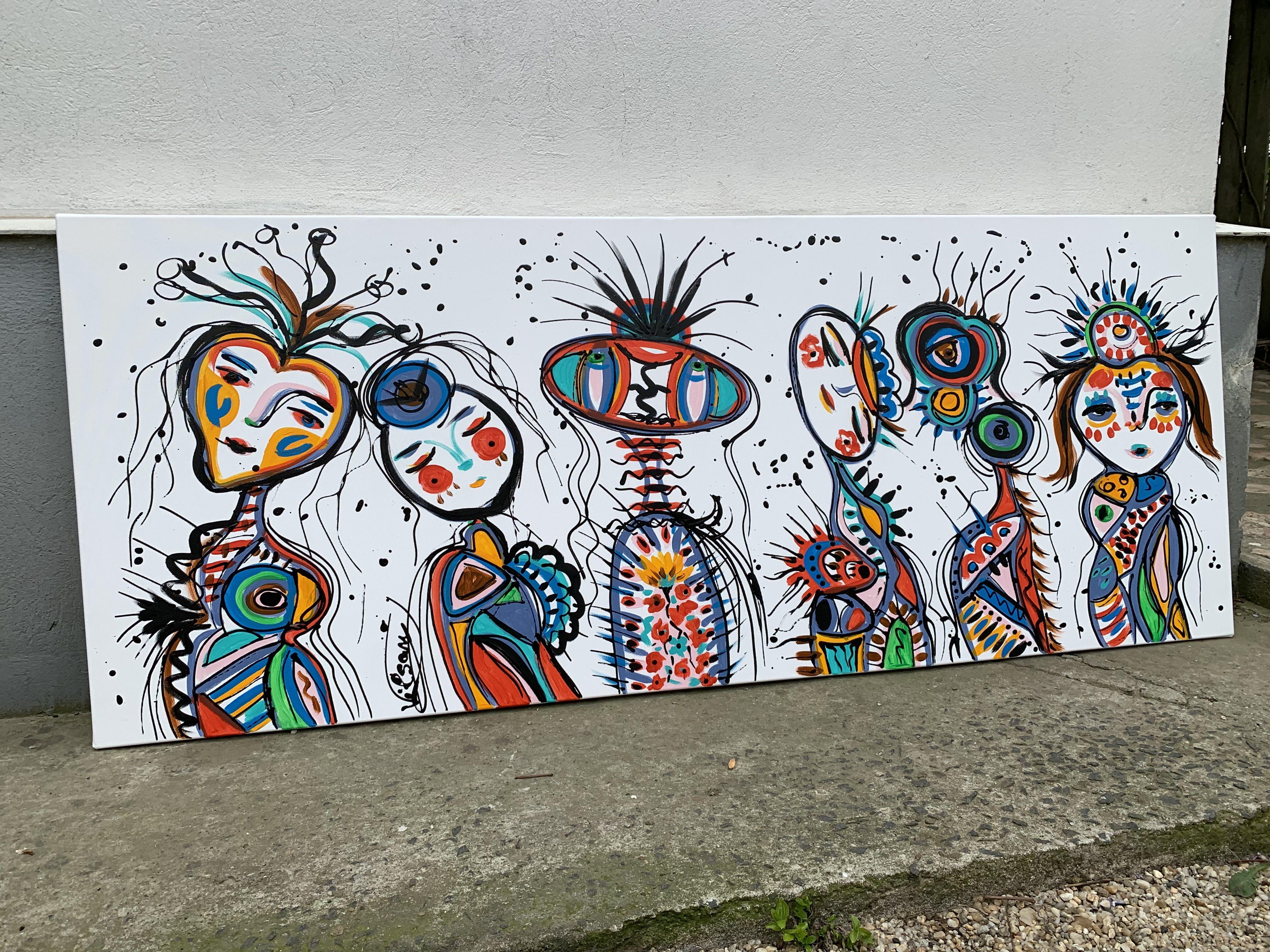 Peint à la main. Pas une empreinte. La peinture est signée au dos. Daté.  PEINTURE FINE ART contemporaine originale, acrylique sur toile tendue 100% coton.    Titre : Friends 99, 2024, prêt à être accroché  Taille : 59 x 23,5