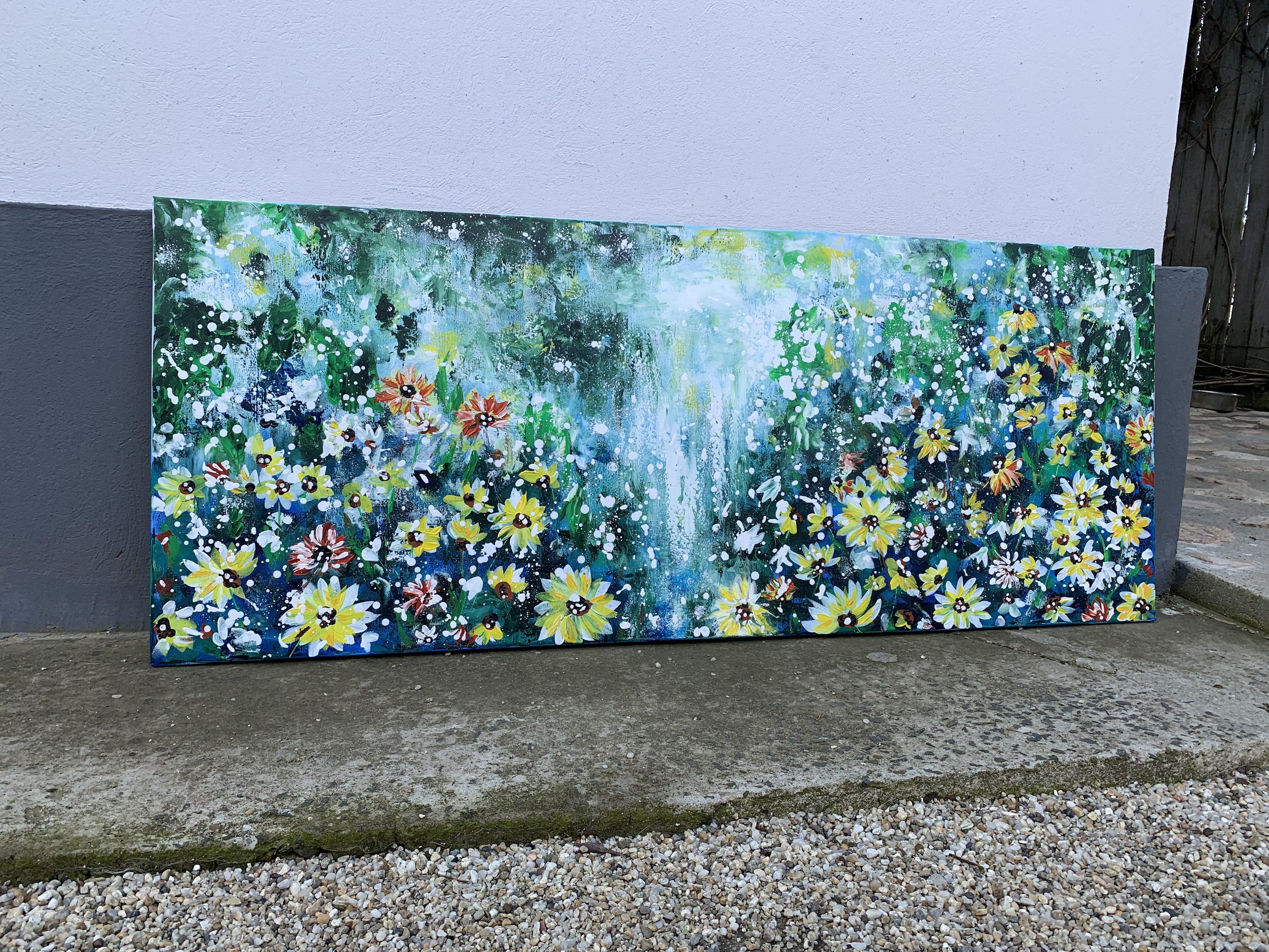 Hand-painted. Not a print. Painting is signed at the back. Dated.  Contemporary FINE ART Original PAINTING, acrylics and texture on 100% cotton stretched wrapped canvas.    Title: Garden of Joy 36, 2021, ready to hang  Size: 59 x 23,5