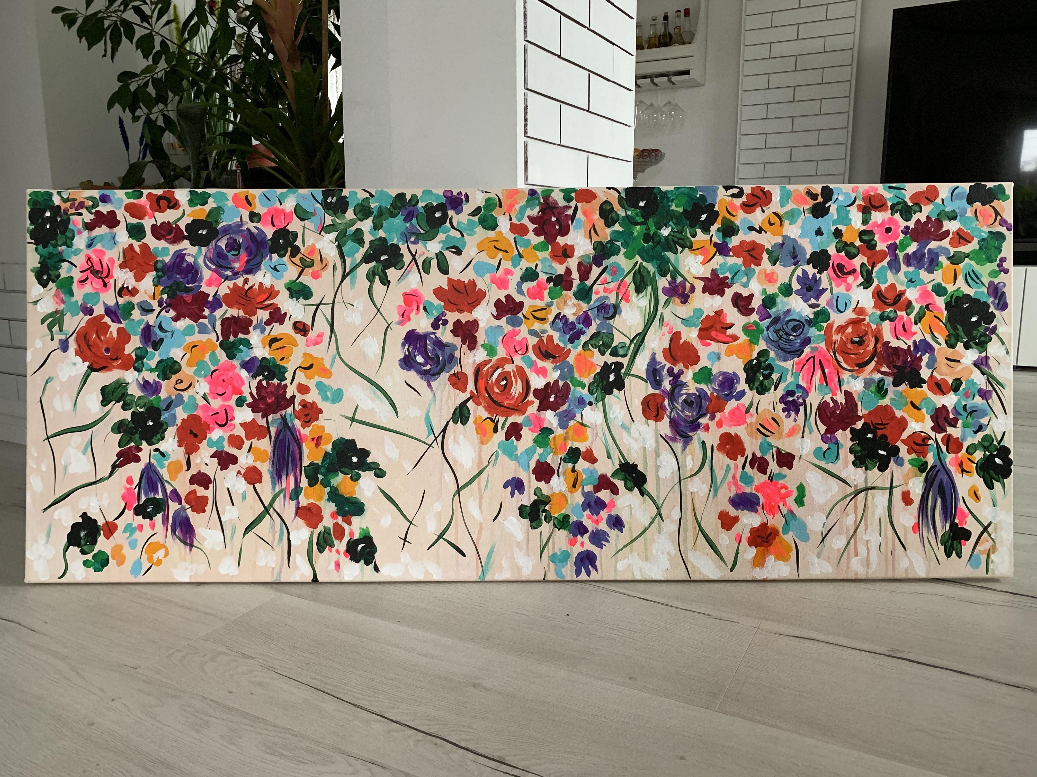 Dipinto a mano. Non è una stampa. Il dipinto è firmato sul retro. Data.  Dipinto originale di FINE ART contemporanea, acrilico su tela 100% cotone.    Titolo: Giardino della gioia 43, 2022, pronto da appendere  Dimensioni: 59 x 23,5