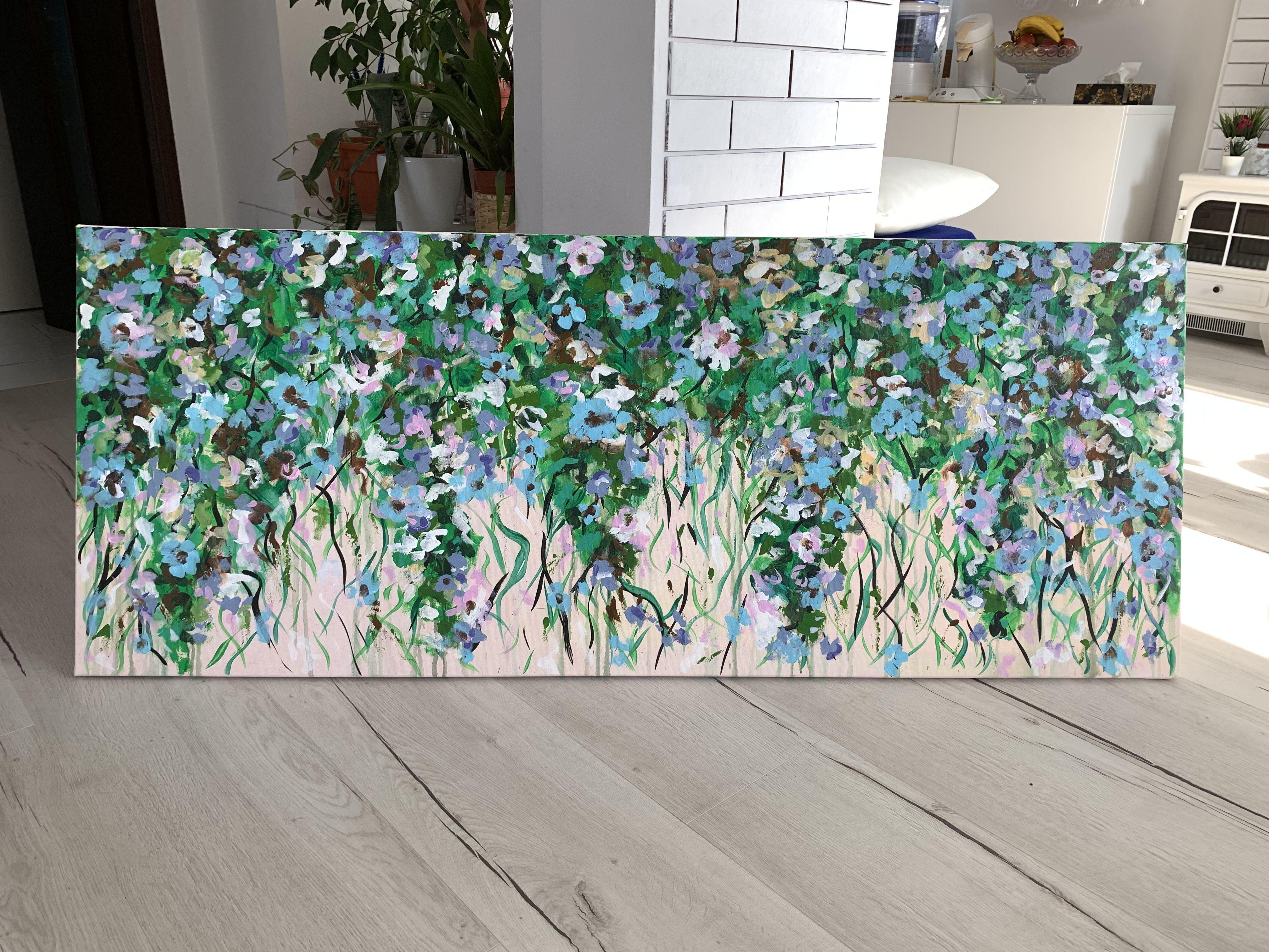 Hand-painted. Not a print. Painting is signed at the back. Dated.  Contemporary FINE ART Original PAINTING, acrylics on 100% cotton stretched wrapped canvas.    Title: Garden of Joy 45, 2022, ready to hang  Size: 59 x 23,5
