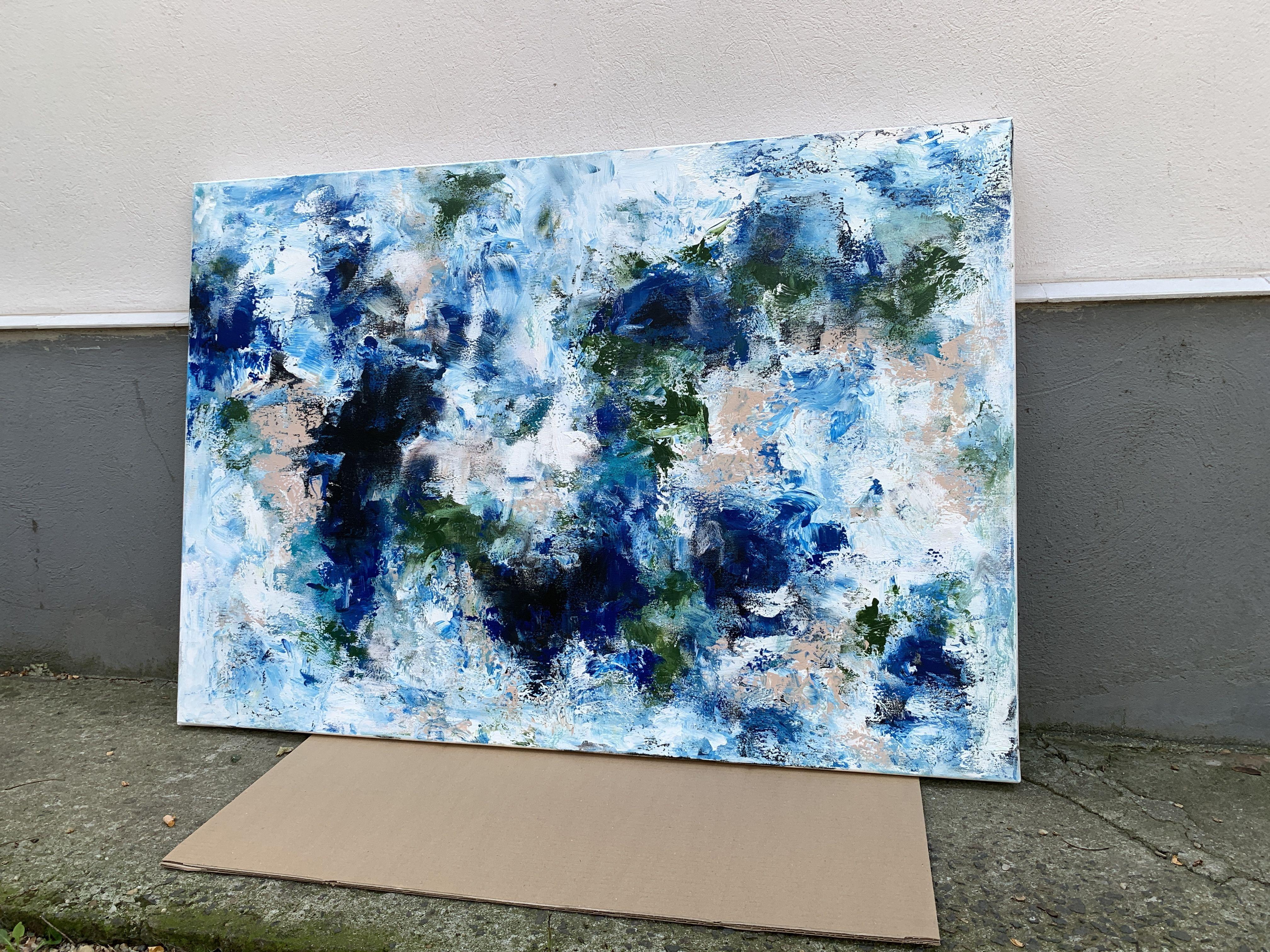 Hand-painted. Not a print. Painting is signed at the back. Dated.  Contemporary FINE ART Original PAINTING, acrylics on 100% cotton stretched wrapped canvas.    Title: Go with the Flow 3, ready to hang    Size: 45''x 31.5