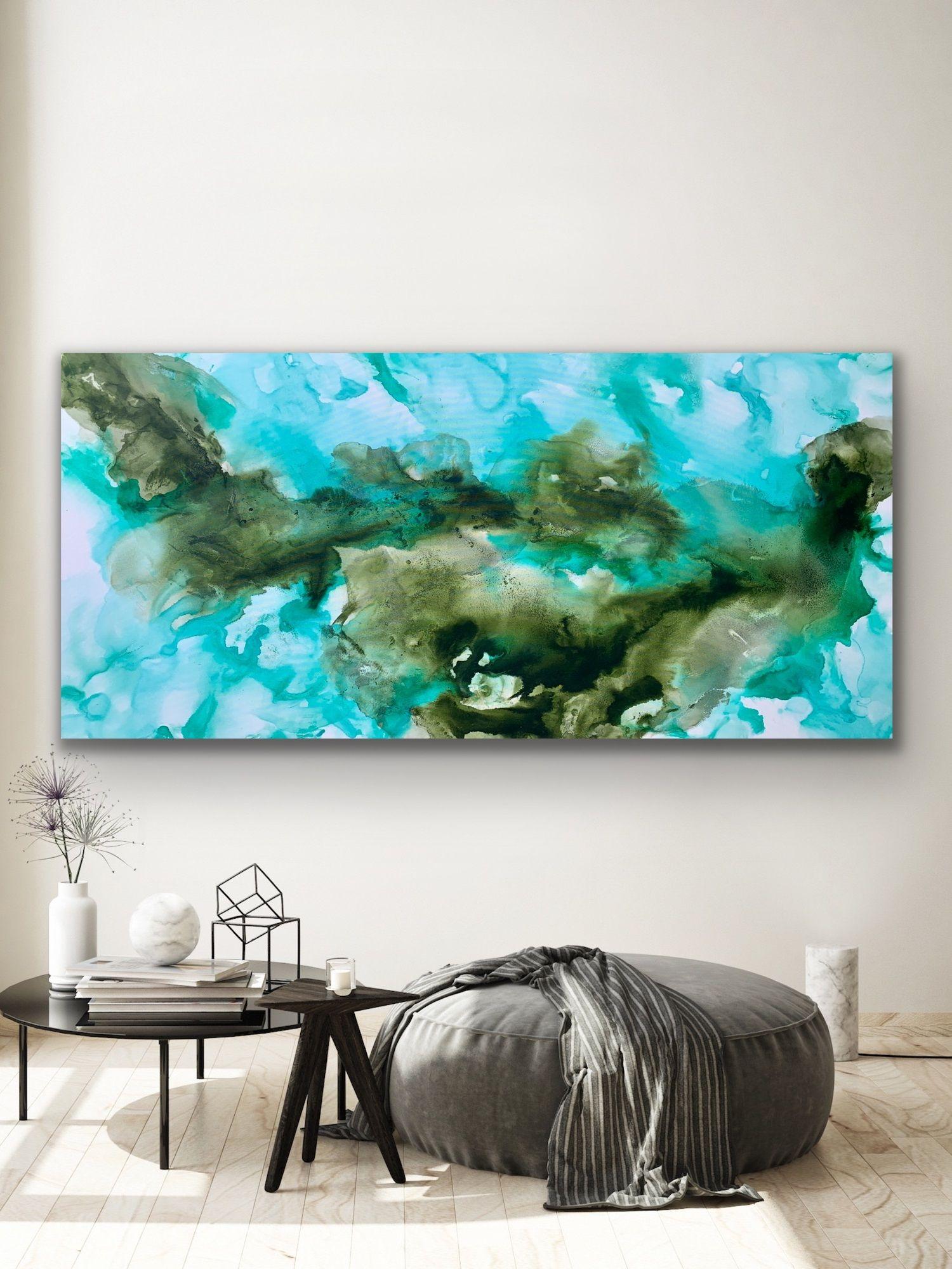 Contemporary FINE ART Original PAINTING, acrylics and texture on 100% cotton stretched wrapped canvas.    Title: Green Flame 4 ,ready to hang, 2020  Size: 71''x 33''(180x85cm)    Room views may not be to scale!    Hand painted. Original, not print.
