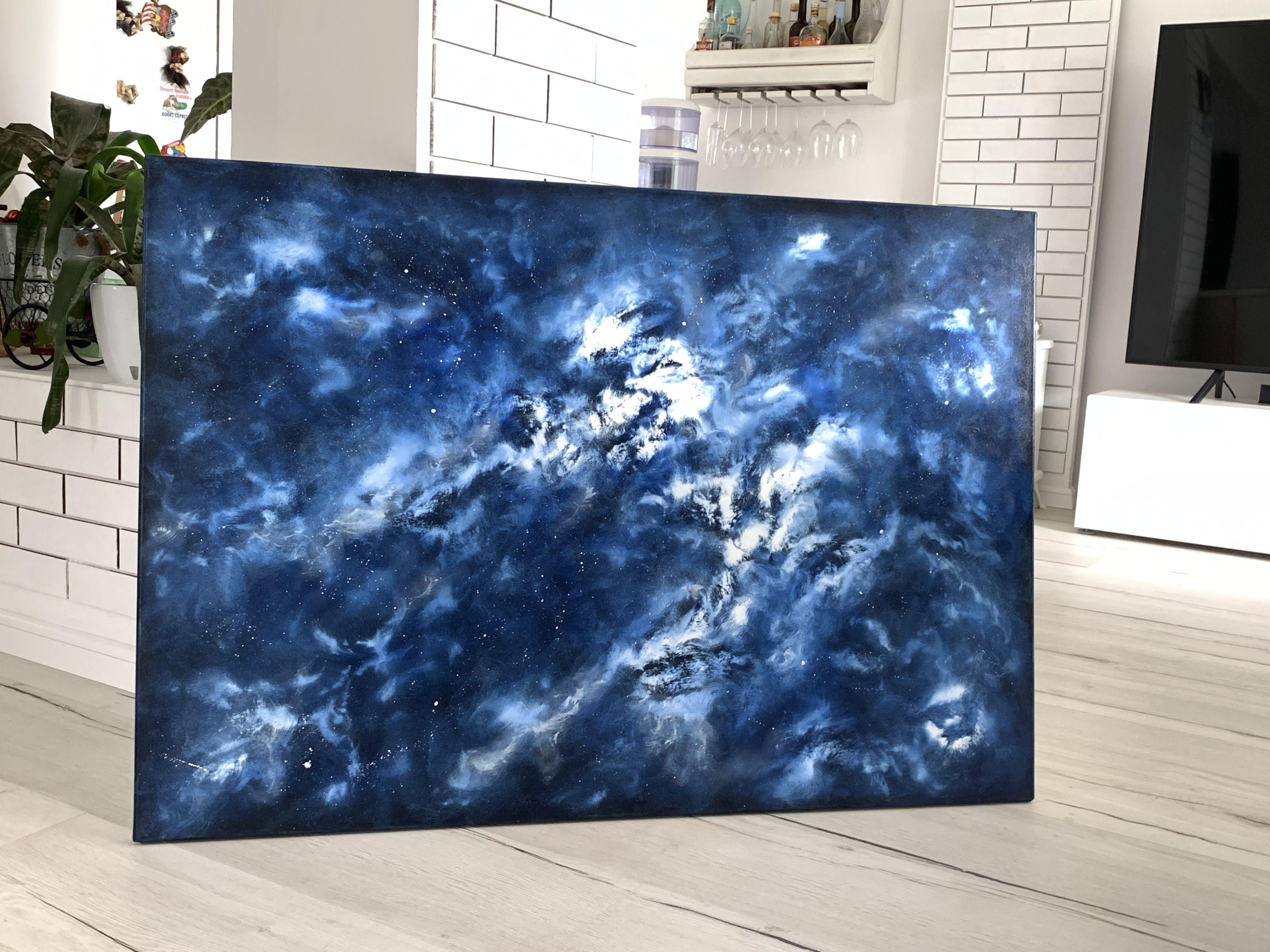 Handbemalt. Kein Druck. Das Gemälde ist auf der Rückseite signiert. Datiert.  Zeitgenössisches FINE ART Original-GEMÄLDE, Öl auf Baumwolle auf Leinwand.    Titel: Interstellar 7, 2022, fertig zum Aufhängen  Größe: 45''x 31.5