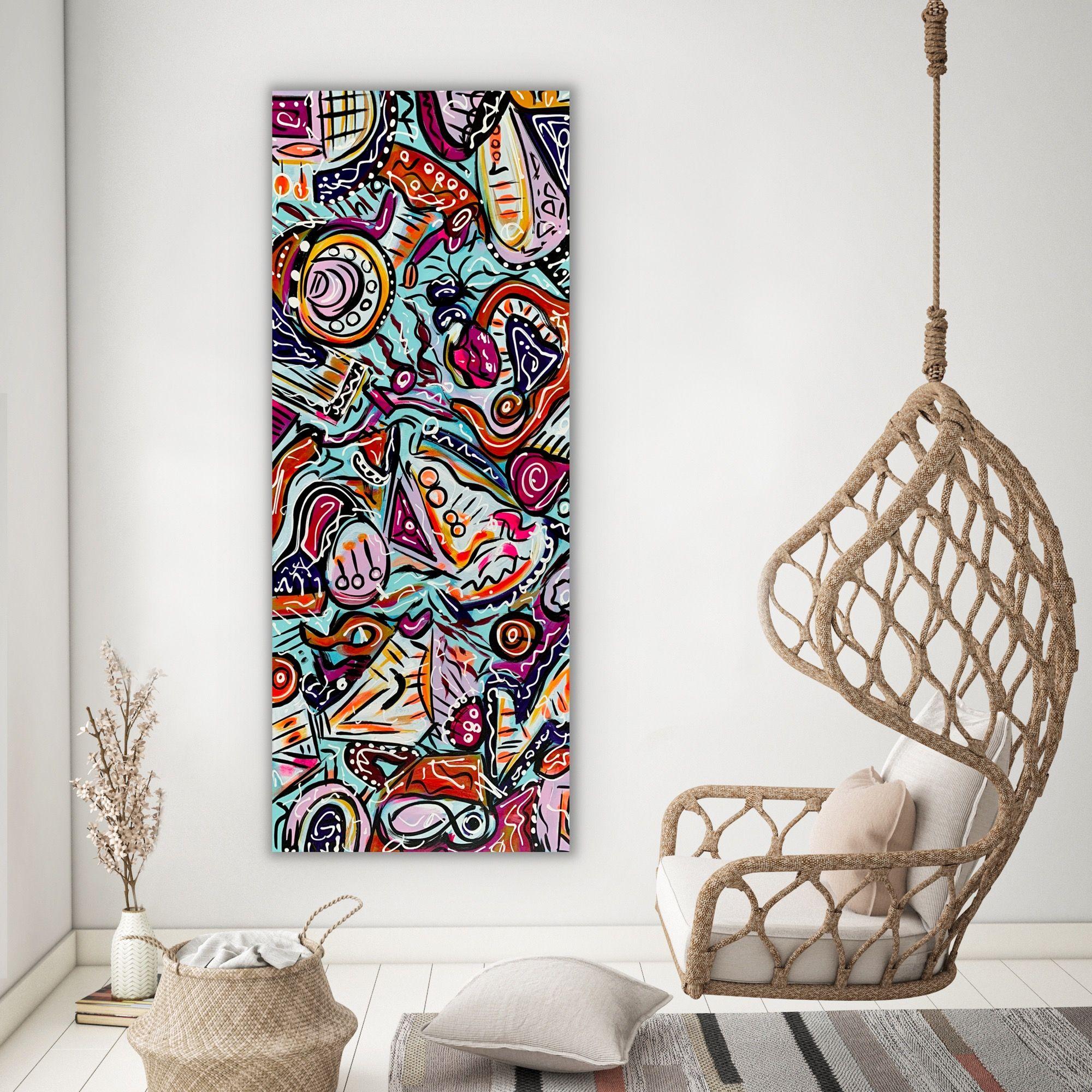 Dipinto a mano. Non è una stampa. Il dipinto è firmato sul retro. Data.  Dipinto originale di FINE ART contemporanea, acrilico su tela 100% cotone.    Titolo: Vita a colori 72, 2022, pronto da appendere  Dimensioni: 59 x 23,5