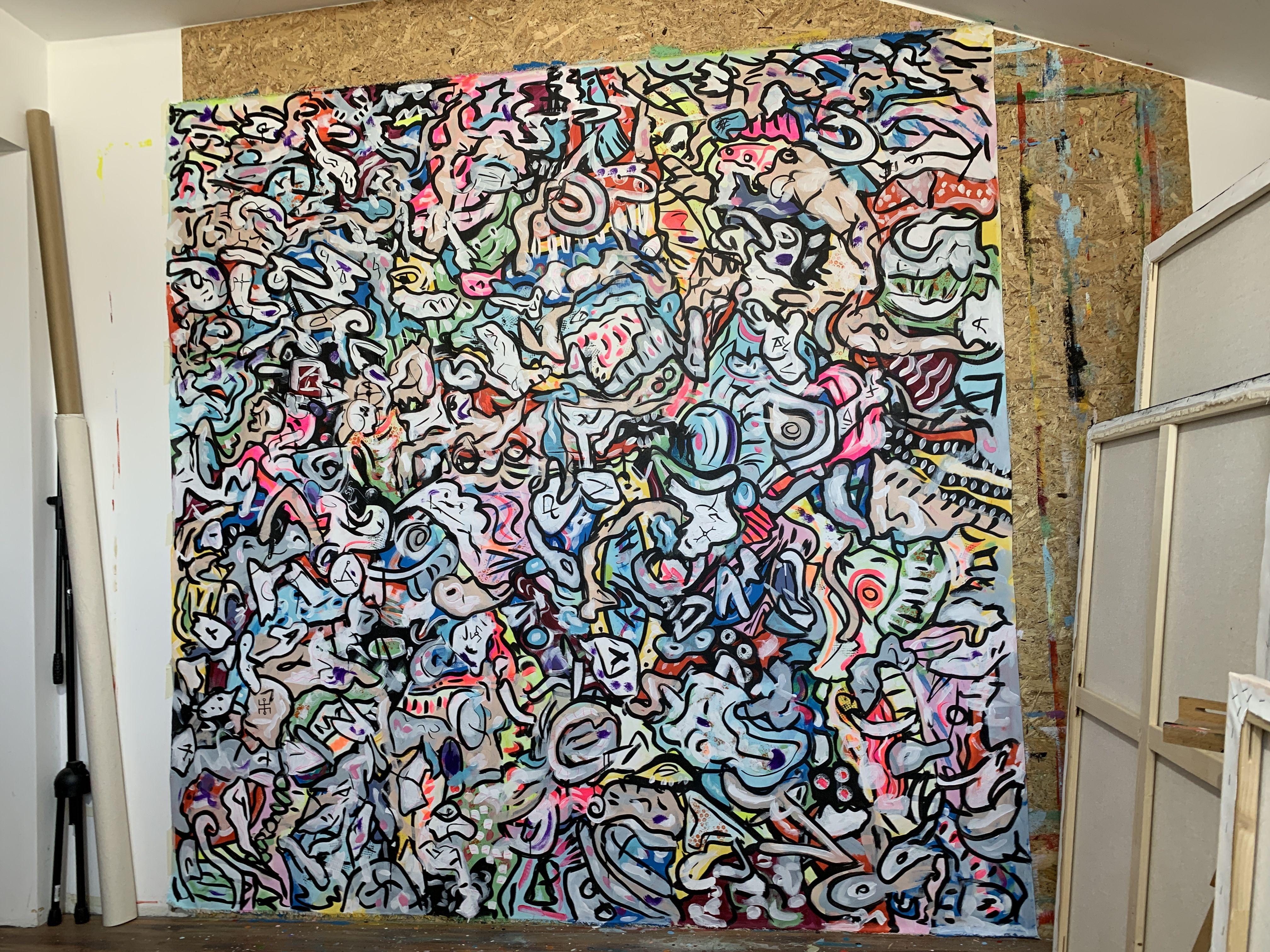 PINTURA original contemporánea, acrílicos sobre lienzo de algodón 100%.    Título: La vida en colores 73, 2022  Tamaño: 79''x79''(200x200cm), 85''x 85''( 215x215cm)- (tamaño real del cuadro- antes de estirar).    ¡El cuadro se enviará enrollado en