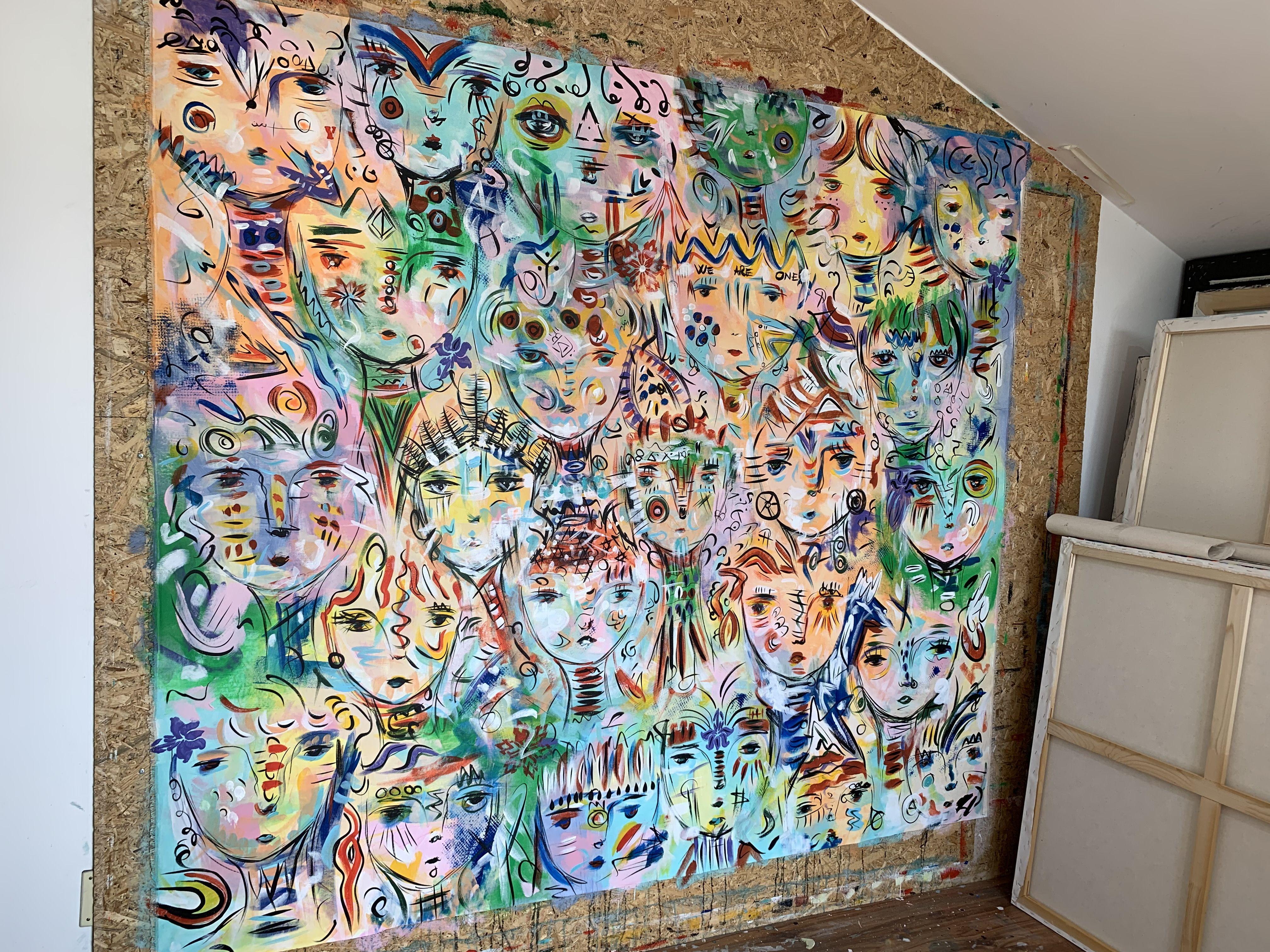 Contemporary Original PAINTING, acrylics, and texture on 100% cotton canvas.    Title: Souls 4, 2021  Size: 77''x 69''(195x 175cm)  83''x 75''( 210x190)- (actual painting size- before stretching).    The painting will be shipped rolled in a tube!   