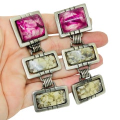 VERONICKA vintage signed silver tone pink faux stone designer clip on earrings