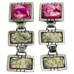 VERONICKA vintage signed silver tone pink faux stone designer clip on earrings