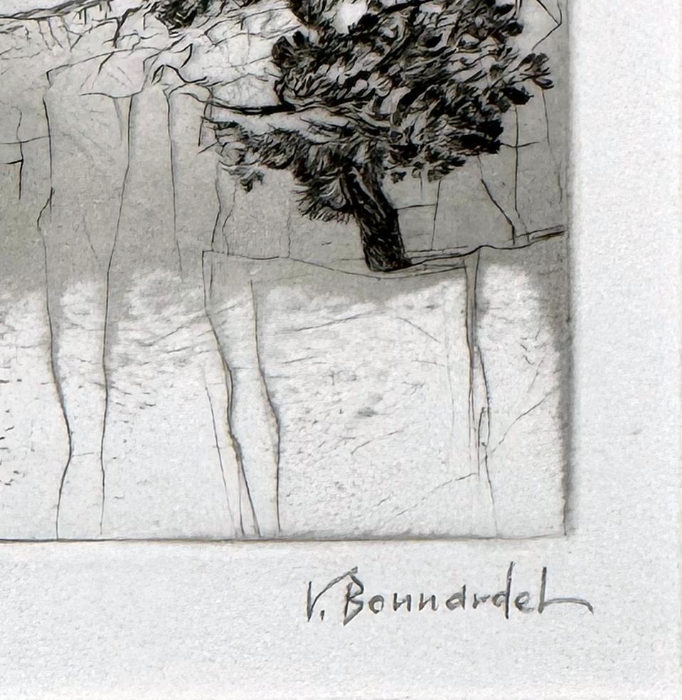 Signed and numbered in pencil from the edition of 9. Finely detailed Black and white landscape of trees along the top of a  rocky outcropping.

Veronique Bonnardel was born in 1961 in Marseilles, and grew up in the Valley of Ubaye, in the Haute