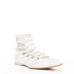 VERONIQUE BRANQUINHO Weiße Riemchenhose mit Nieten aus Leder und silbernem Nieten EU37,5