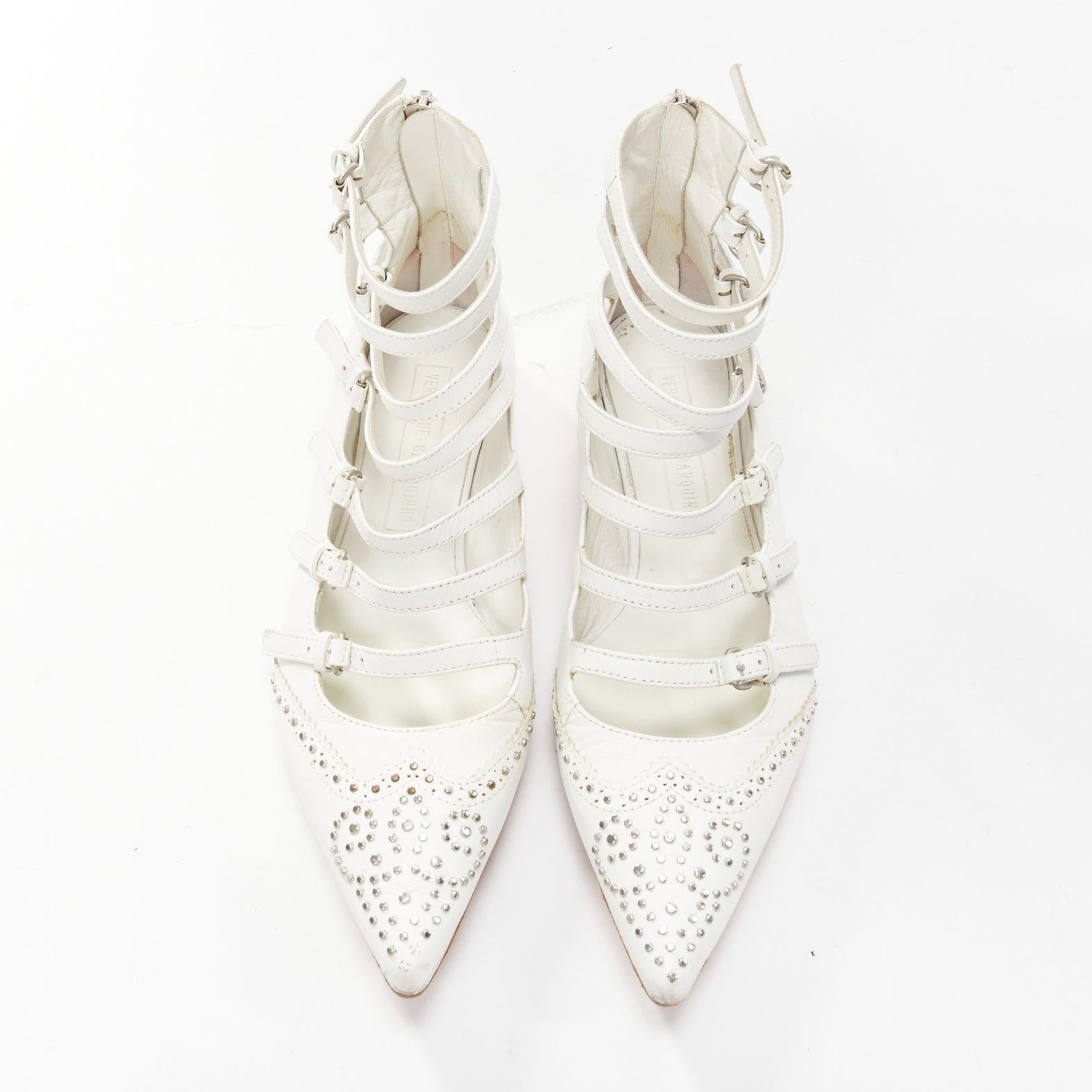 Gray VERONIQUE BRANQUINHO white leather silver studded wingtip strappy flats EU37.5 For Sale