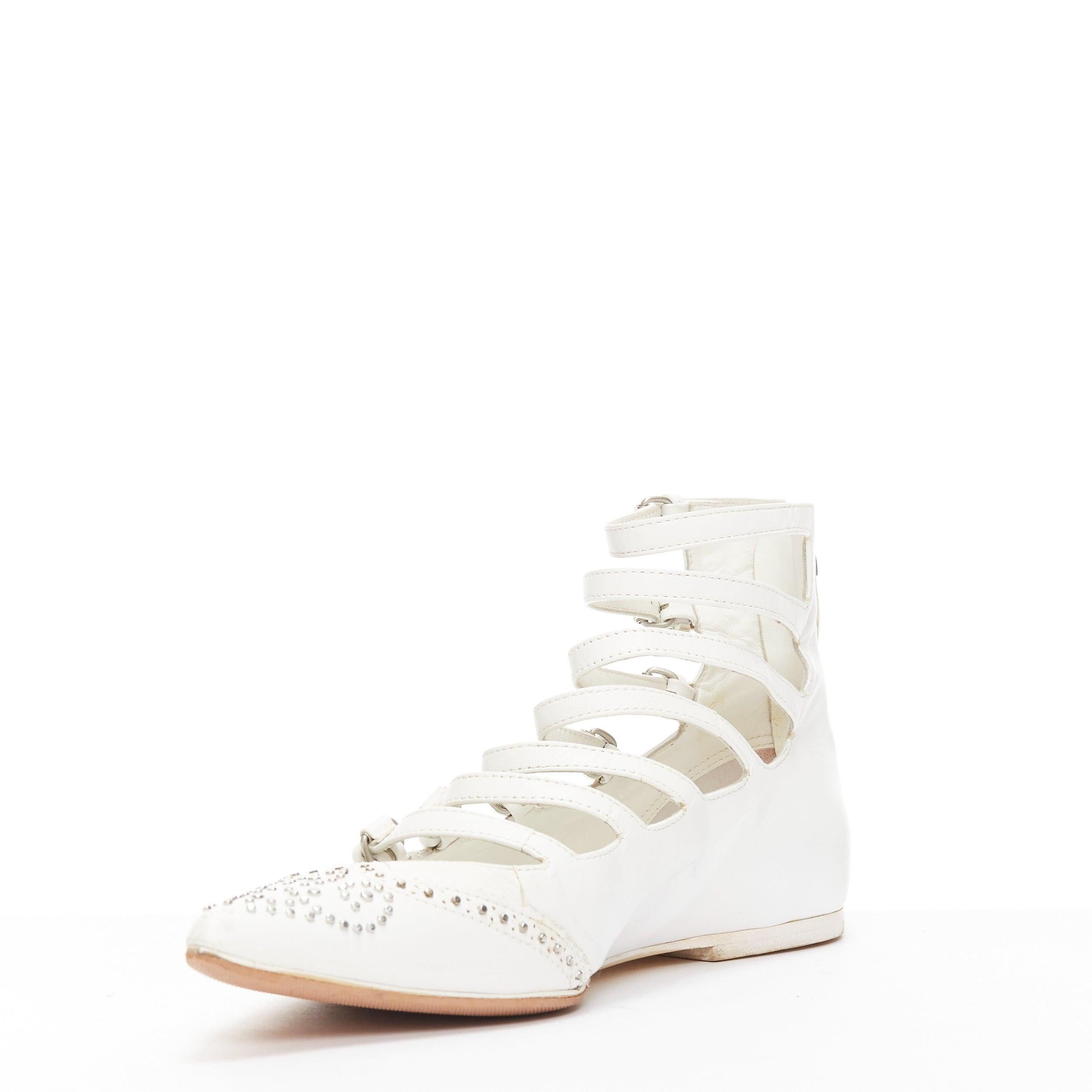 VERONIQUE BRANQUINHO white leather silver studded wingtip strappy flats EU37.5 In Good Condition For Sale In Hong Kong, NT