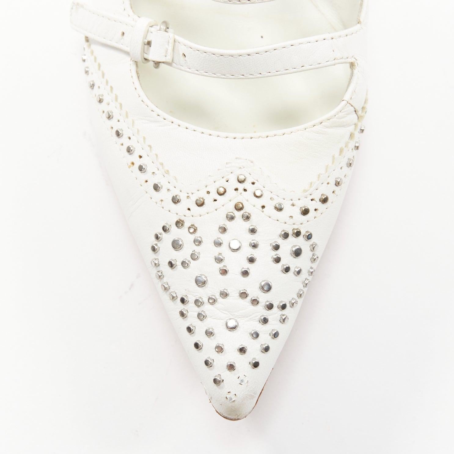 VERONIQUE BRANQUINHO white leather silver studded wingtip strappy flats EU37.5 For Sale 1