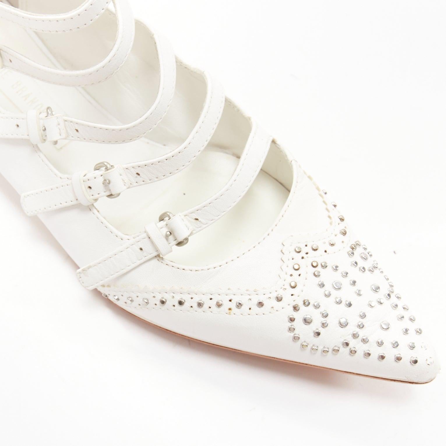 VERONIQUE BRANQUINHO white leather silver studded wingtip strappy flats EU37.5 For Sale 2