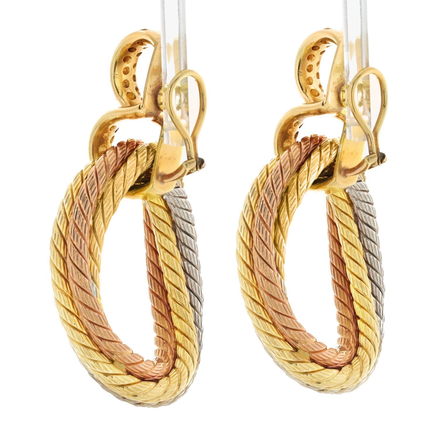 Modern Véronique Cartier 18k Tri Color Twist Rope Door Knocker Clip on Earrings