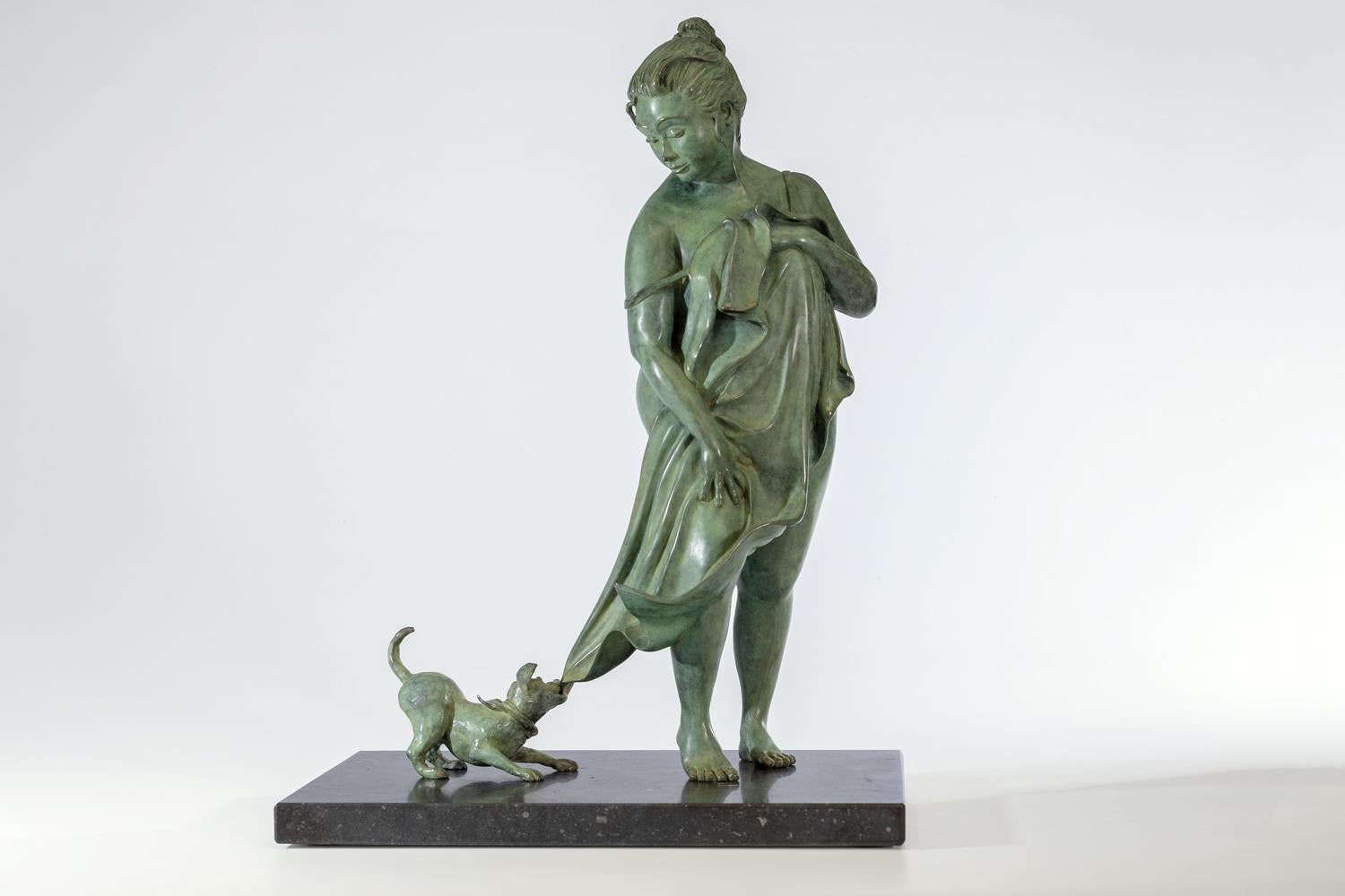 Veronique Clamot Figurative Sculpture - Alors on Joue Bronze Sculpture Come on Let's Play Lady and Dog Towel In Stock