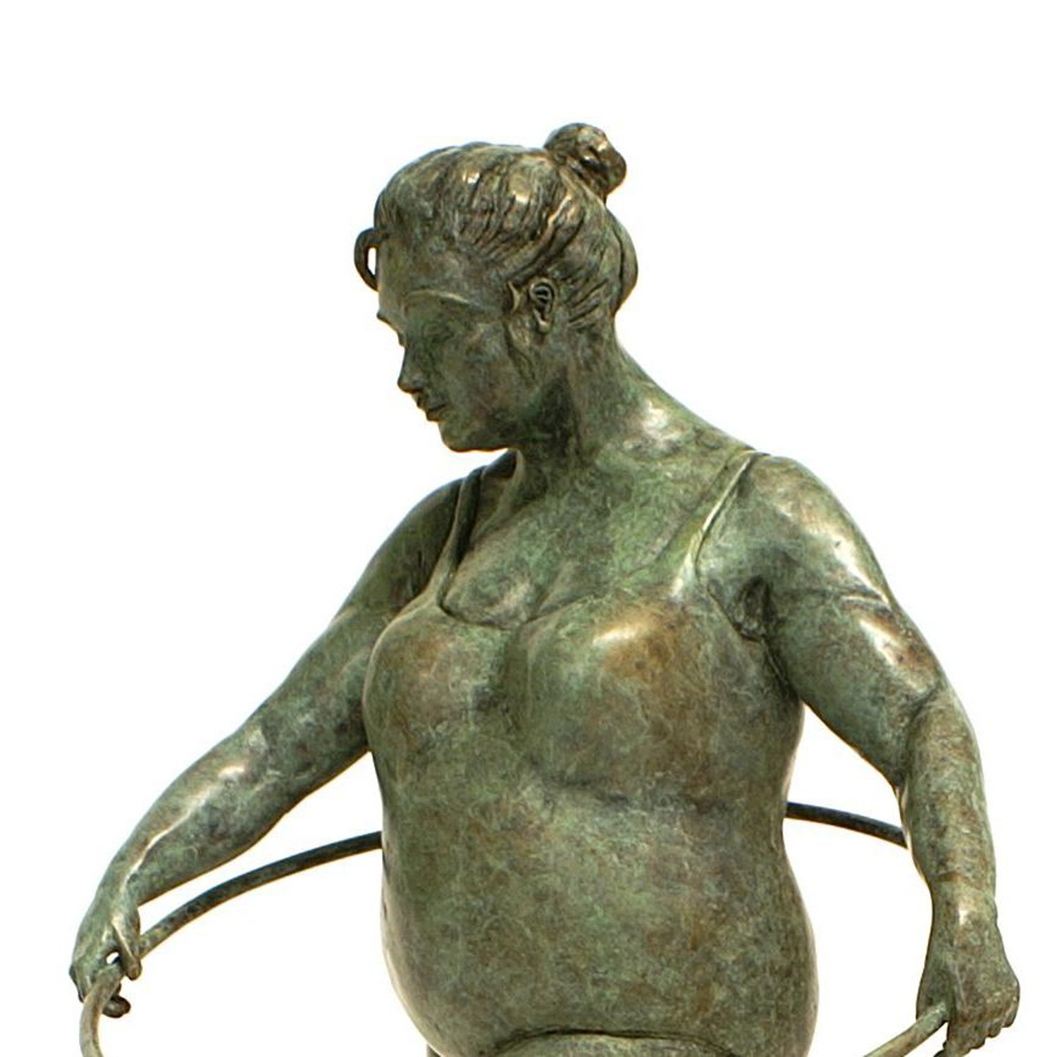 Veronique Clamot - "Cinquieme Essai" Bronze rounded figure with a hula hoop  in green patina For Sale at 1stDibs