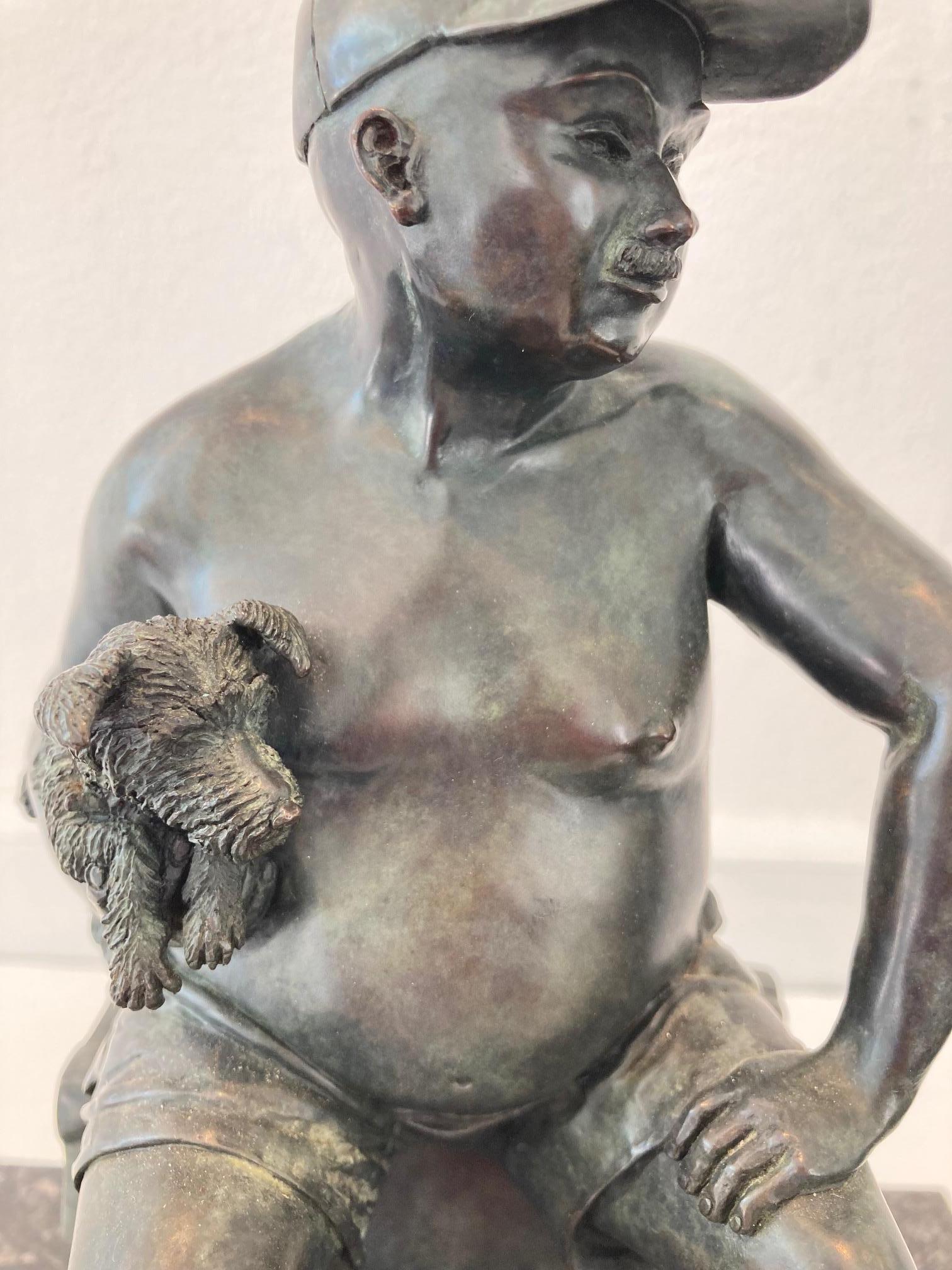 Le départ Bronze Sculpture Leaving Man Dog Sitting In Stock - Gold Figurative Sculpture by Veronique Clamot
