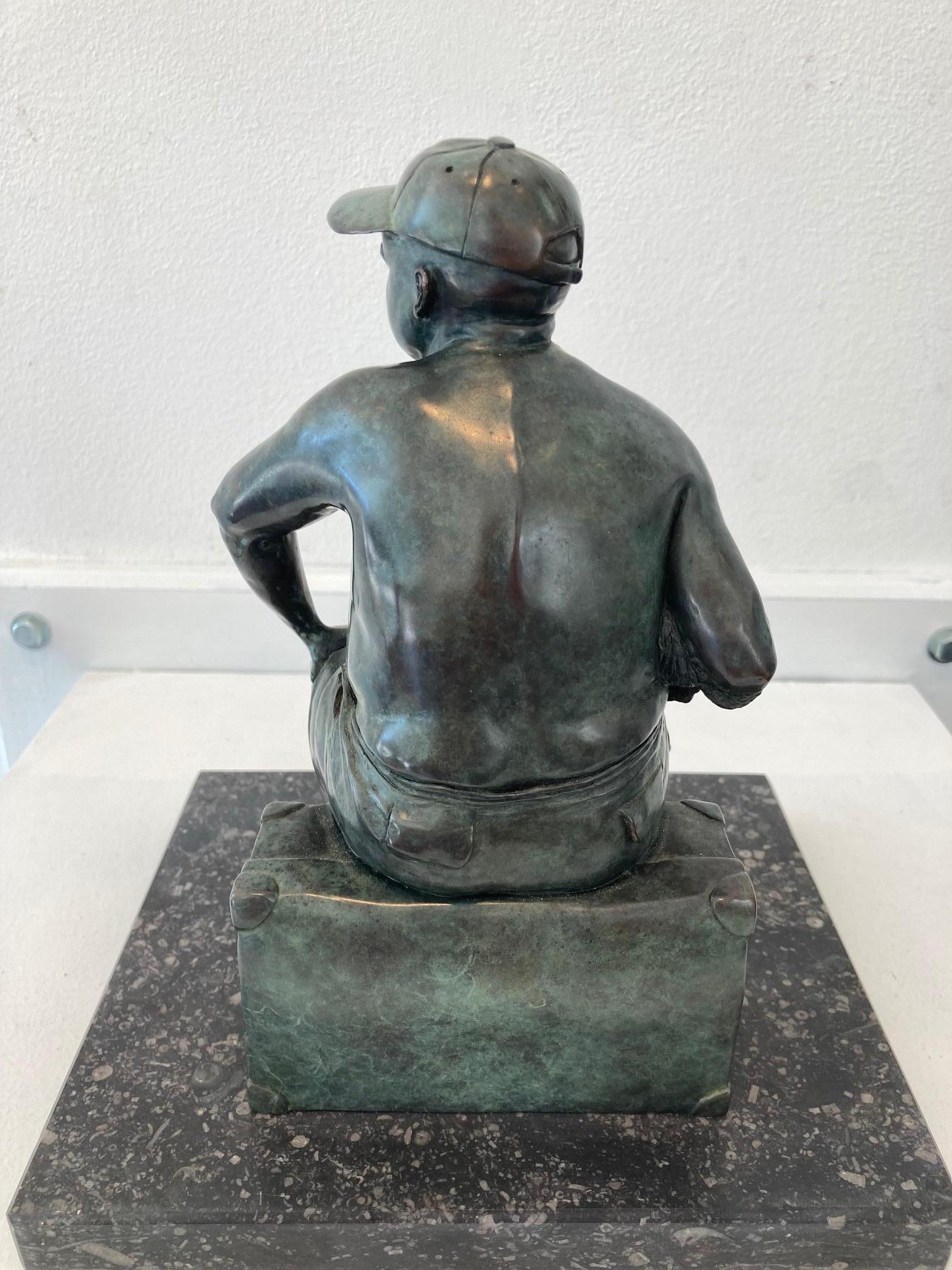 Le départ Bronze Sculpture Leaving Man Dog Sitting In Stock For Sale 1