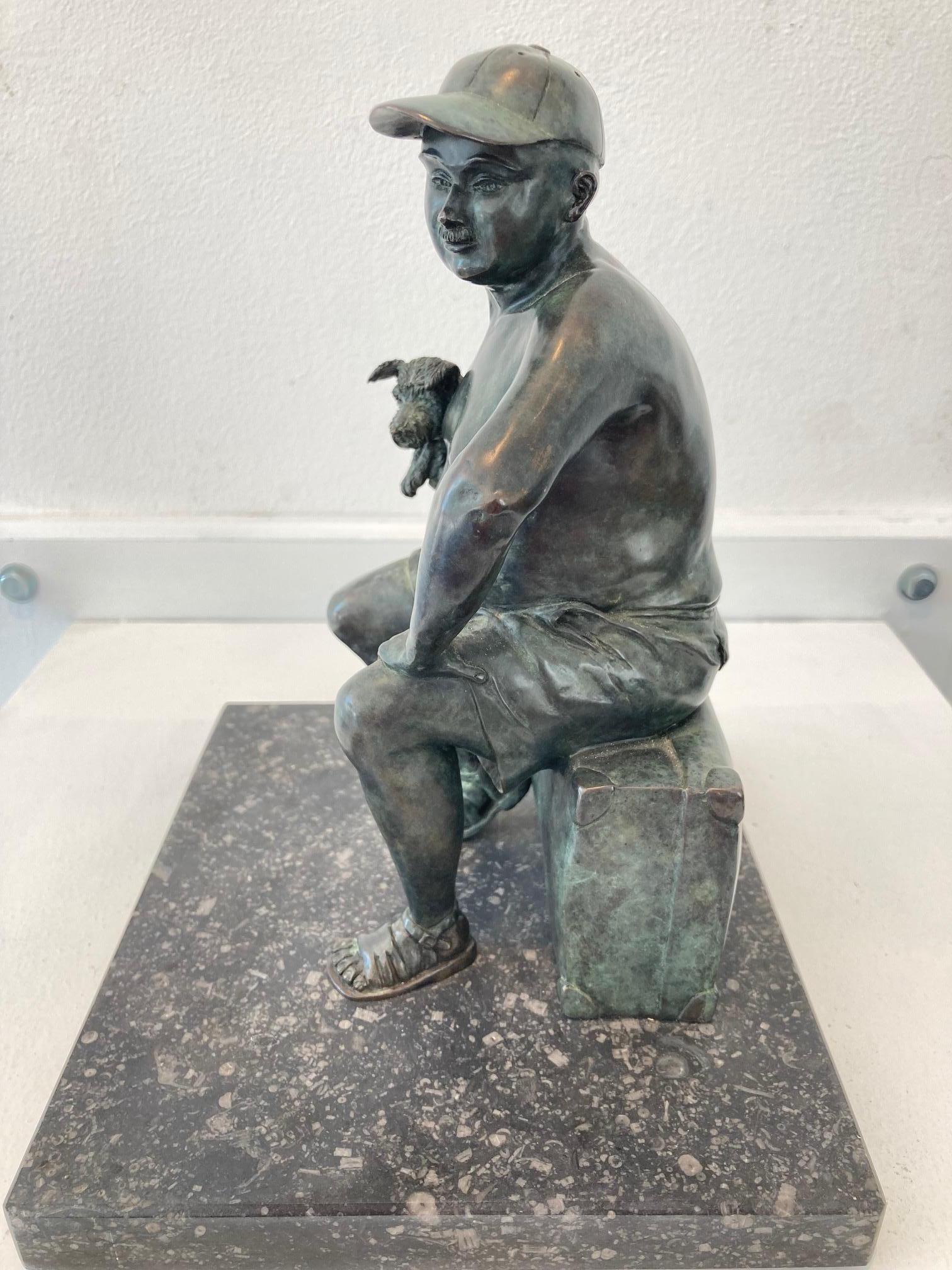 Le départ Bronze Sculpture Leaving Man Dog Sitting In Stock For Sale 2