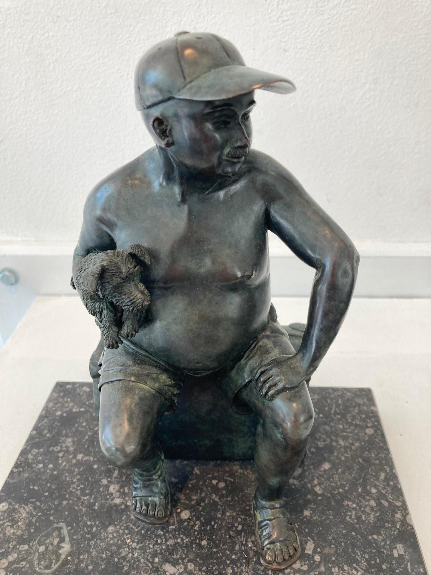 Le départ Bronze Sculpture Leaving Man Dog Sitting In Stock For Sale 3