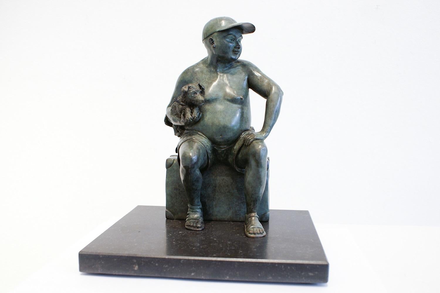 Veronique Clamot Figurative Sculpture - Le départ Bronze Sculpture Leaving Man Dog Sitting In Stock