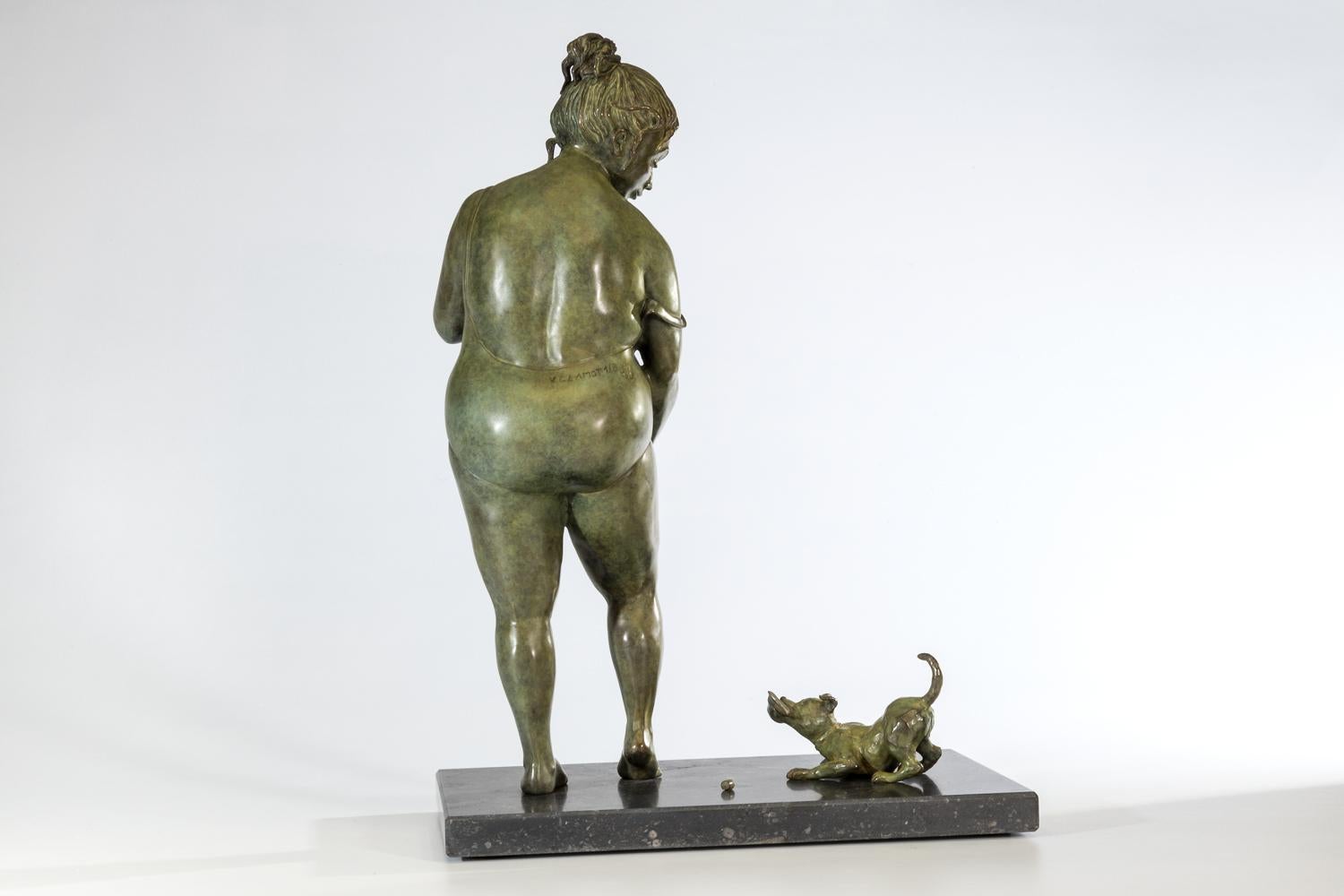 Trop Tard Bronze Sculpture Too Late Lady Dog Bathing Swim Suit In Stock - Gold Figurative Sculpture by Veronique Clamot