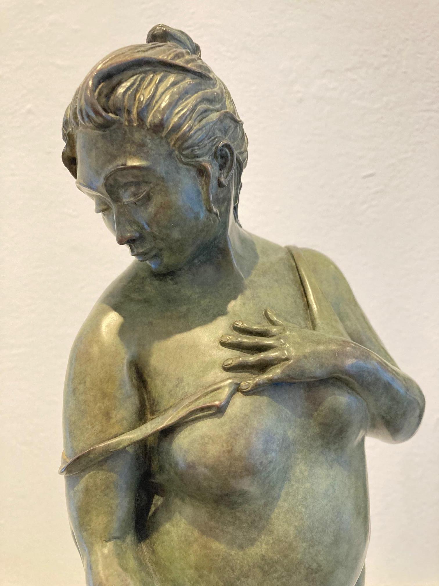 Trop Tard Bronze Sculpture Too Late Lady Dog Bathing Swim Suit In Stock For Sale 1