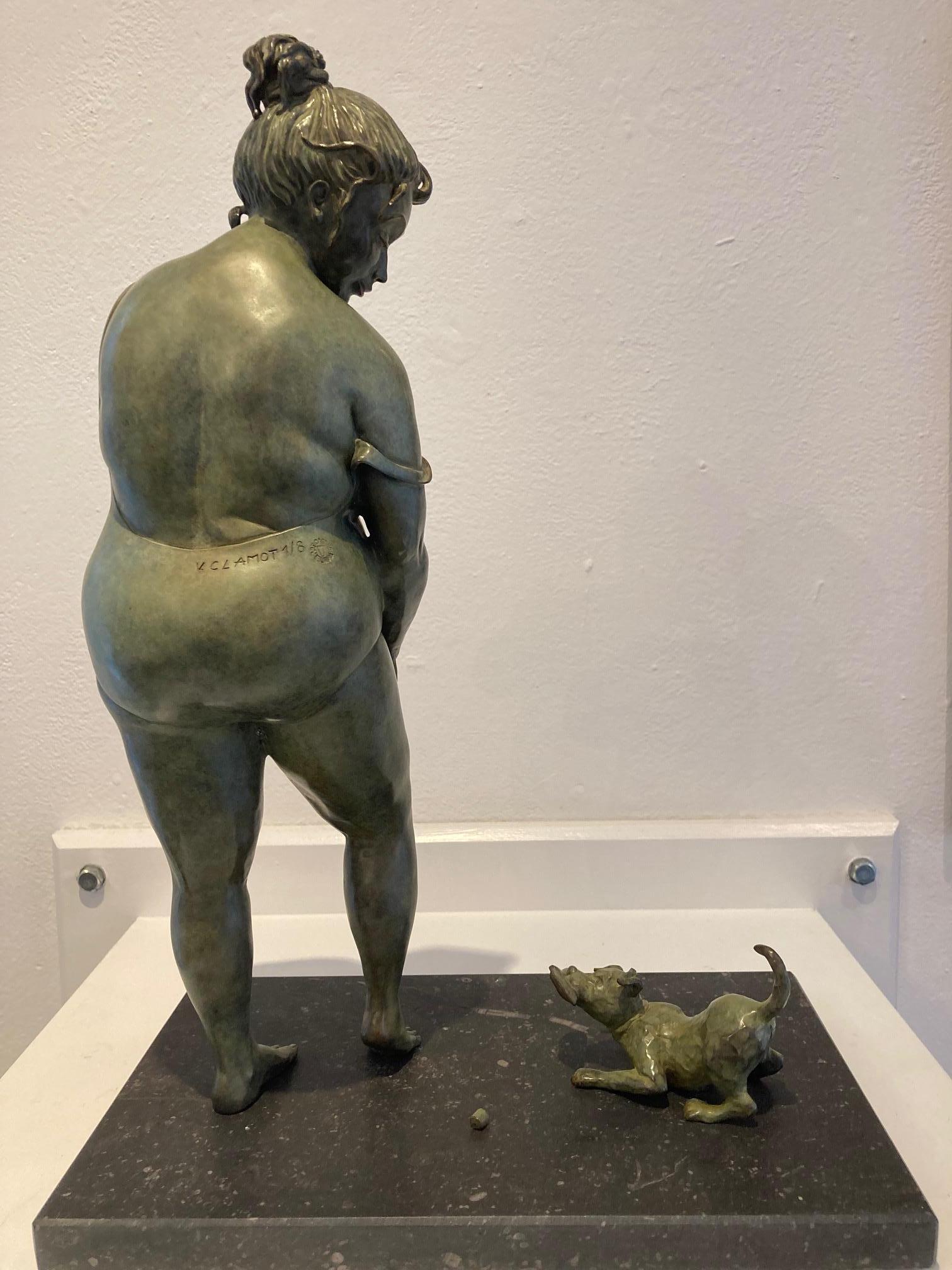 Trop Tard Bronze Sculpture Too Late Lady Dog Bathing Swim Suit In Stock For Sale 3