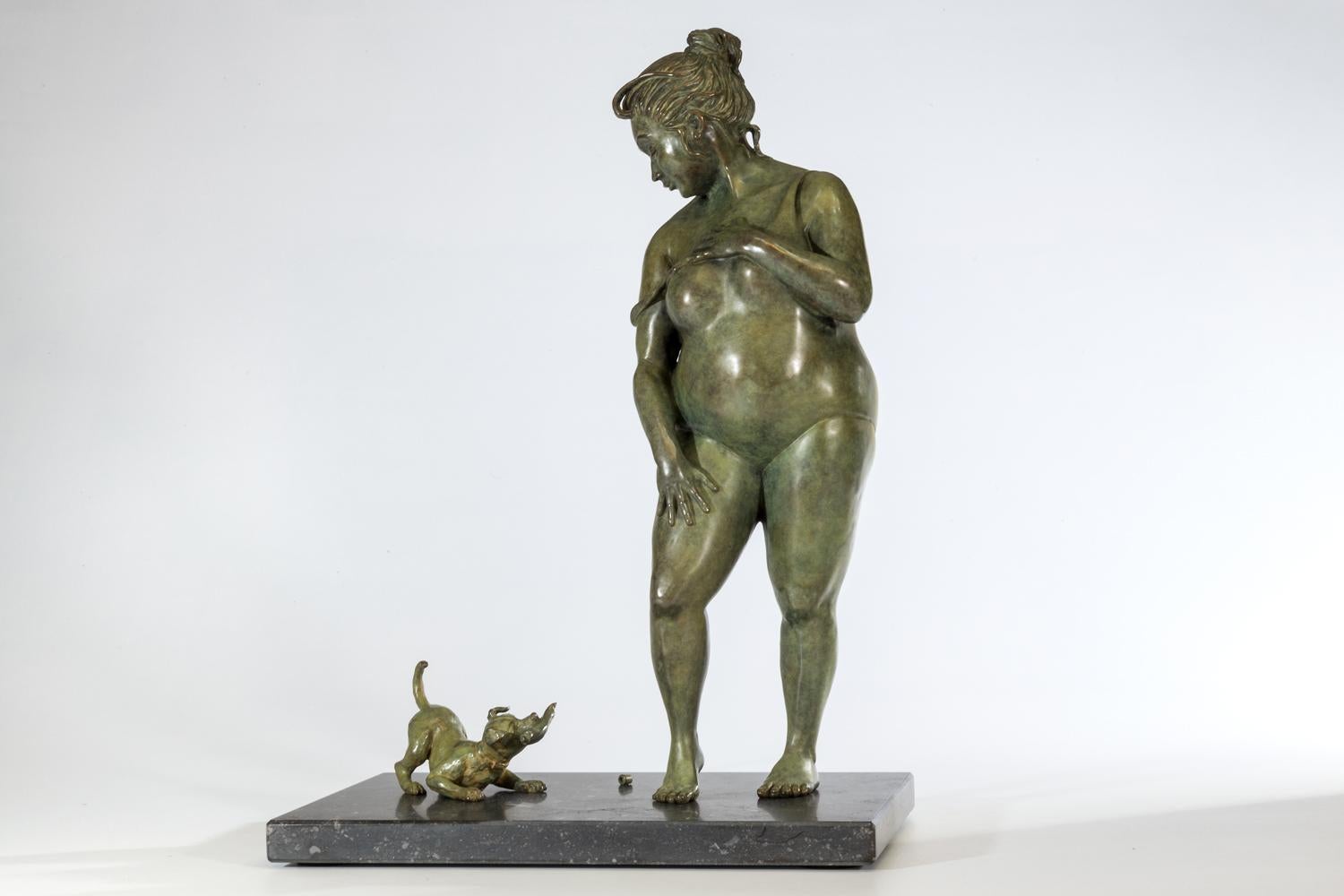 Veronique Clamot Figurative Sculpture - Trop Tard Bronze Sculpture Too Late Lady Dog Bathing Swim Suit In Stock