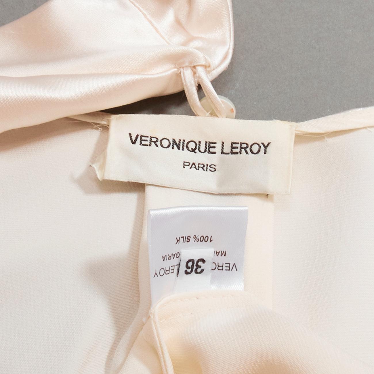 VERONIQUE LEROY 100% silk cream bow tie long sleeve cinch belted dress FR36 S For Sale 3