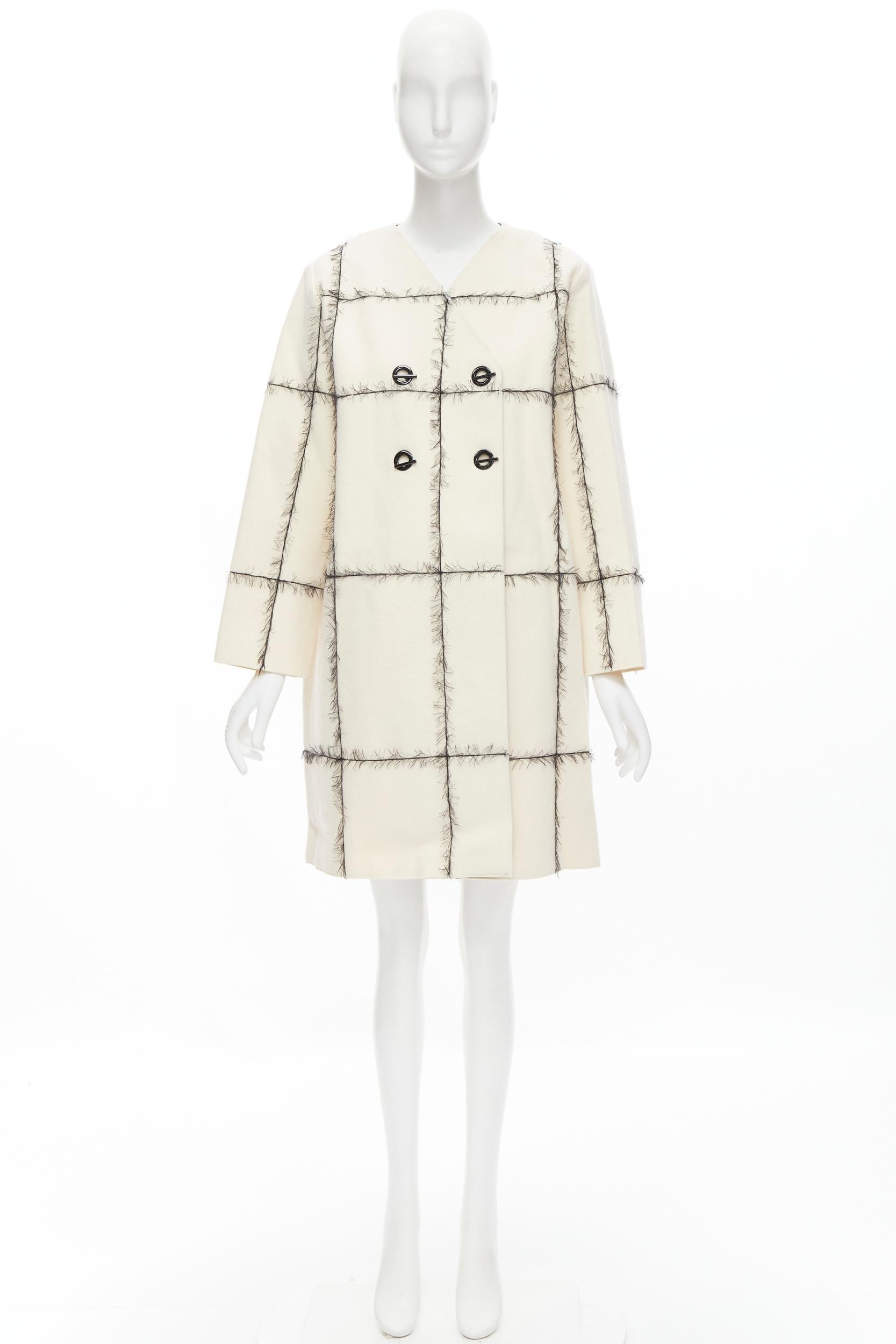 VERONIQUE LEROY cream 100% wool frayed check toggle button double breasted coat  For Sale 4