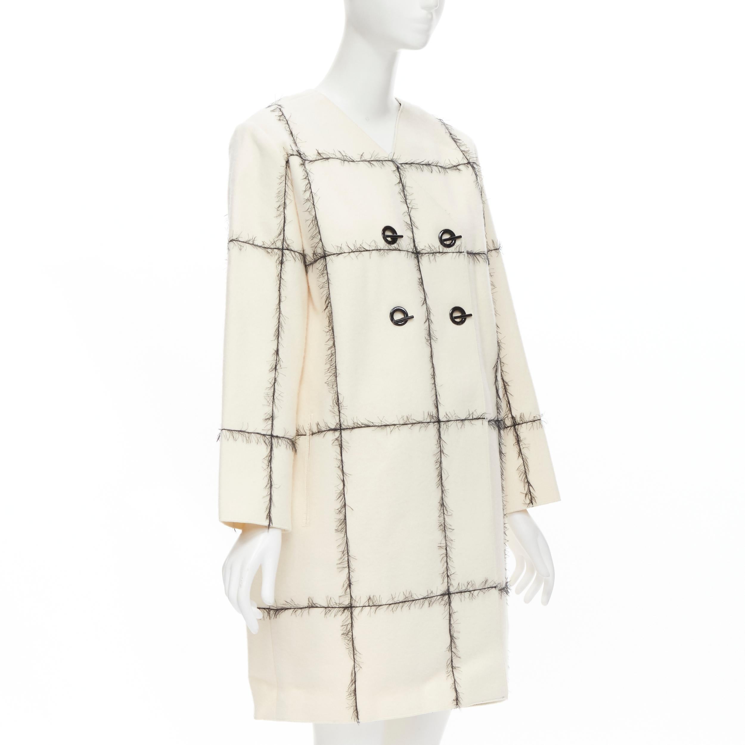 Beige VERONIQUE LEROY cream 100% wool frayed check toggle button double breasted coat  For Sale