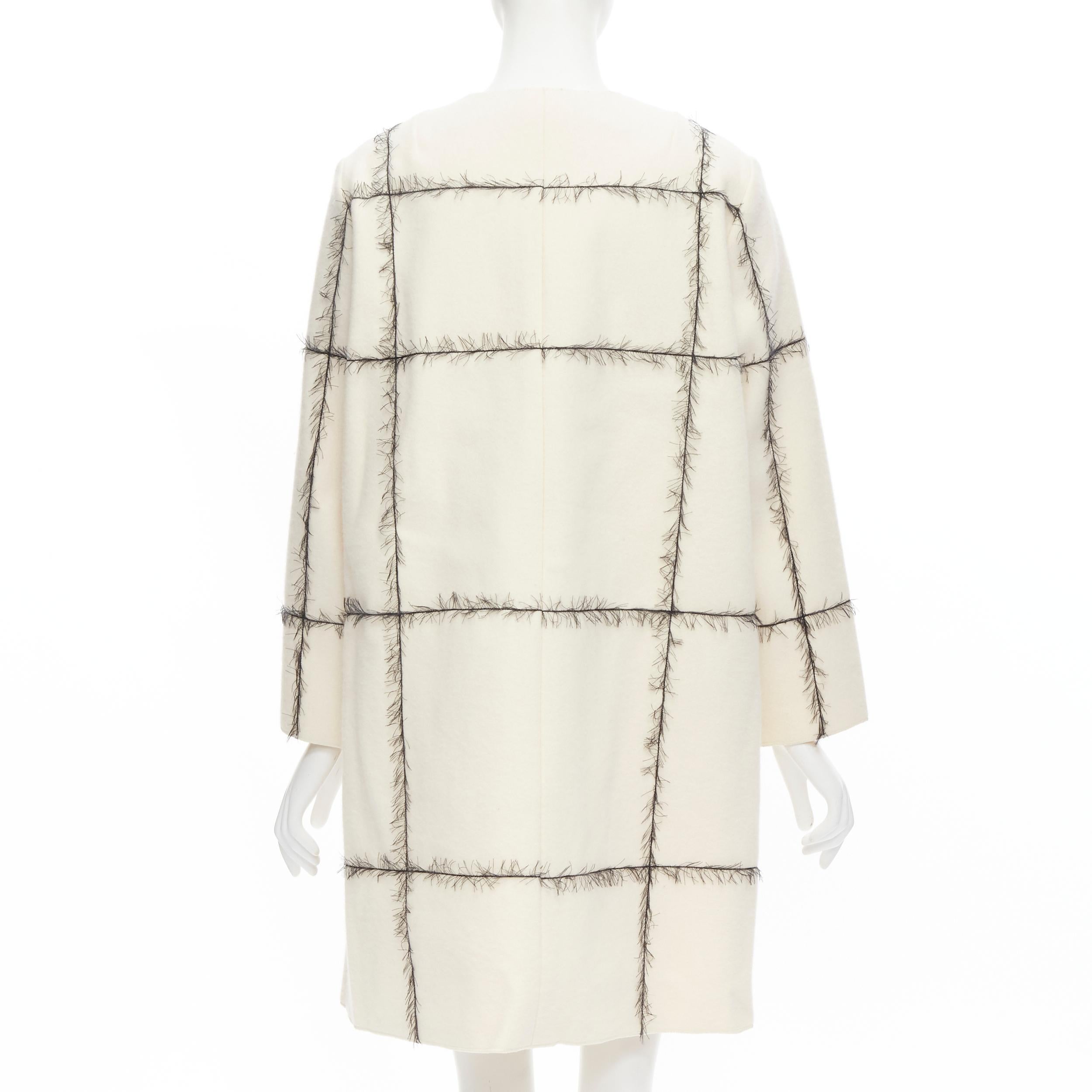 Women's VERONIQUE LEROY cream 100% wool frayed check toggle button double breasted coat  For Sale