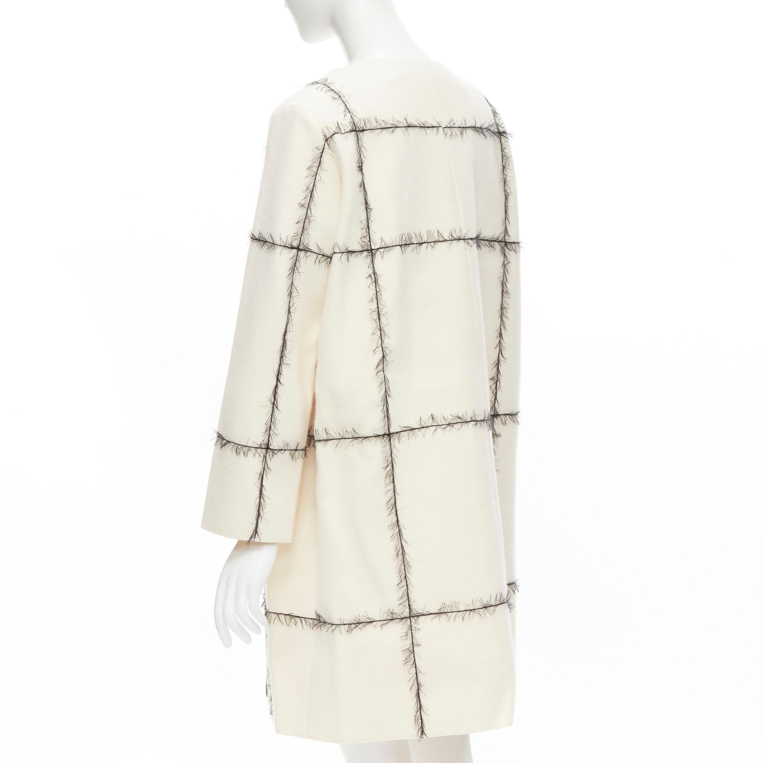 VERONIQUE LEROY cream 100% wool frayed check toggle button double breasted coat  For Sale 1