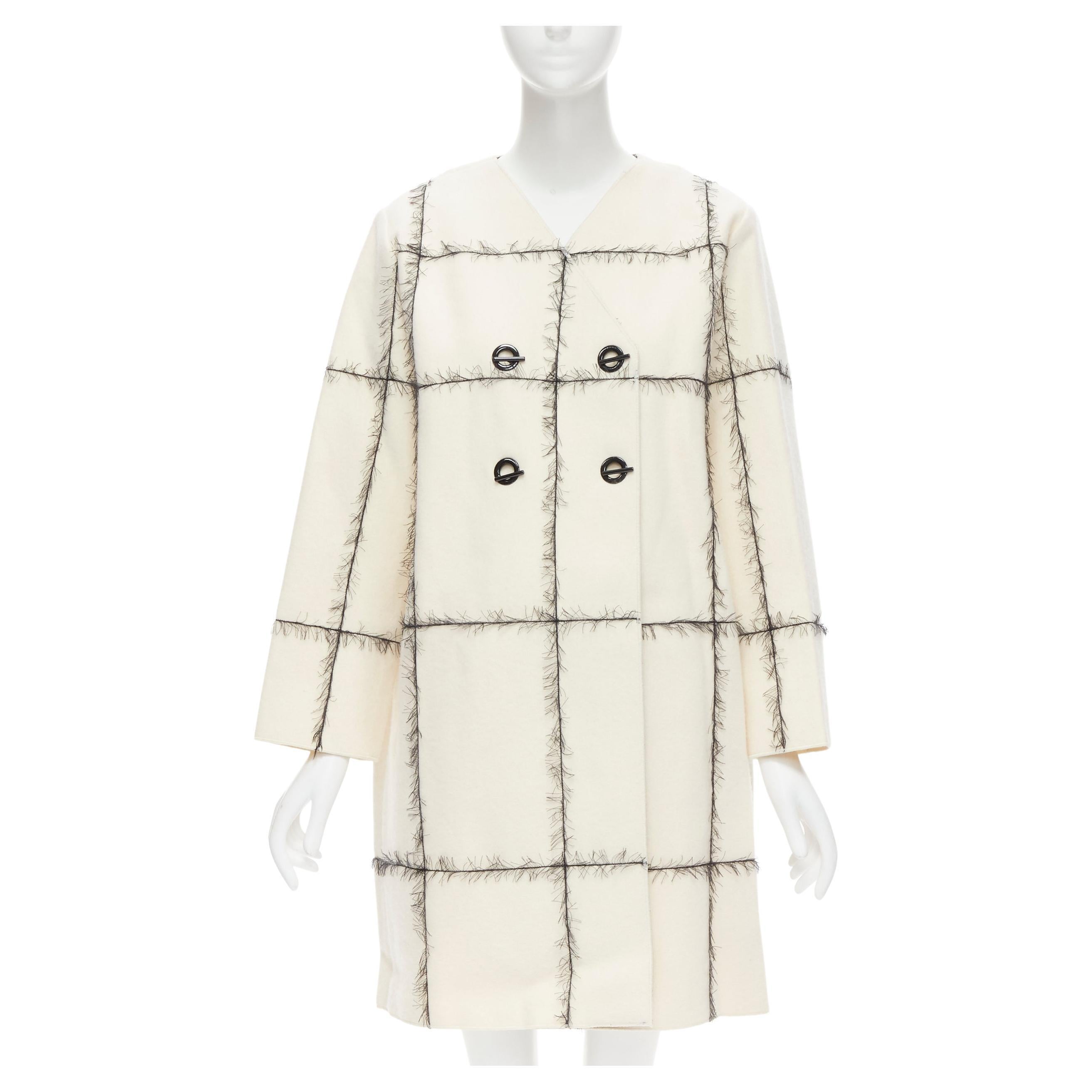 VERONIQUE LEROY cream 100% wool frayed check toggle button double breasted coat  For Sale