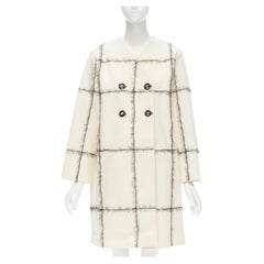 VERONIQUE LEROY cream 100% wool frayed check toggle button double breasted coat 
