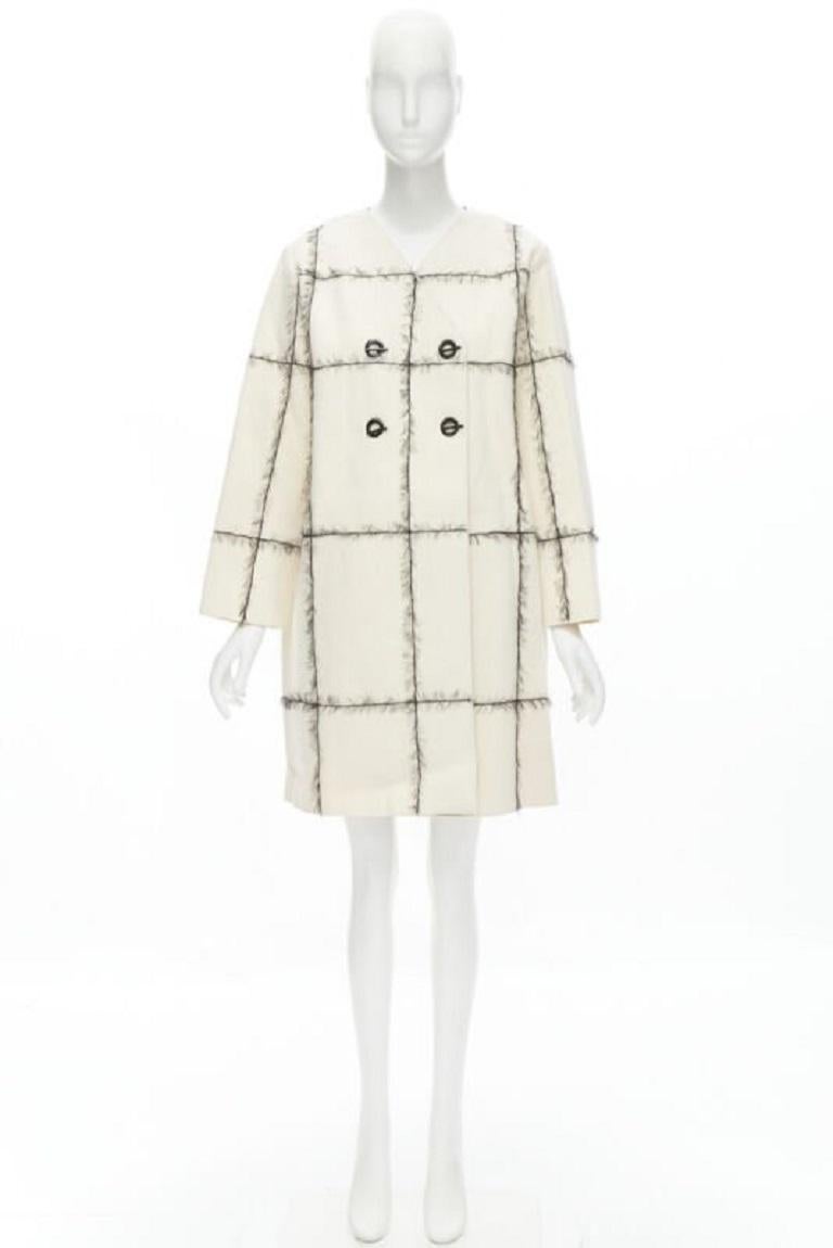 VERONIQUE LEROY cream wool frayed check toggle button double breasted coat FR36 For Sale 5