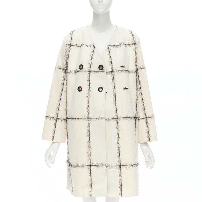 Beige VERONIQUE LEROY cream wool frayed check toggle button double breasted coat FR36 For Sale