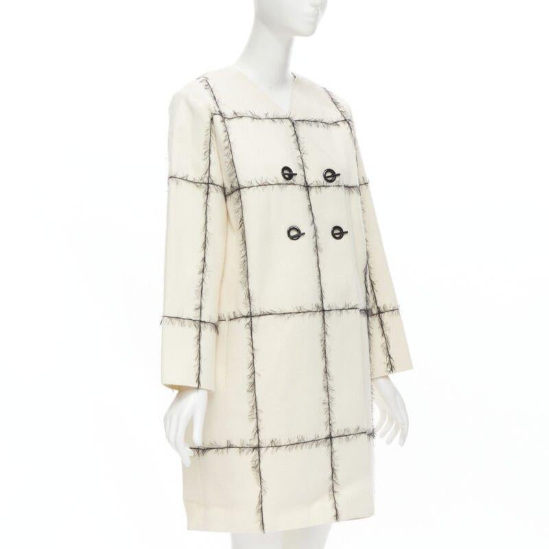 VERONIQUE LEROY cream wool frayed check toggle button double breasted coat FR36 In Excellent Condition For Sale In Hong Kong, NT