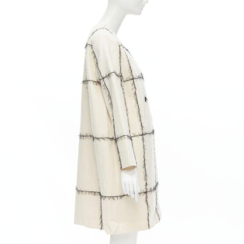 Women's VERONIQUE LEROY cream wool frayed check toggle button double breasted coat FR36 For Sale
