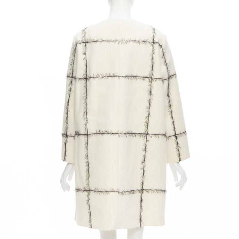 VERONIQUE LEROY cream wool frayed check toggle button double breasted coat FR36 For Sale 1