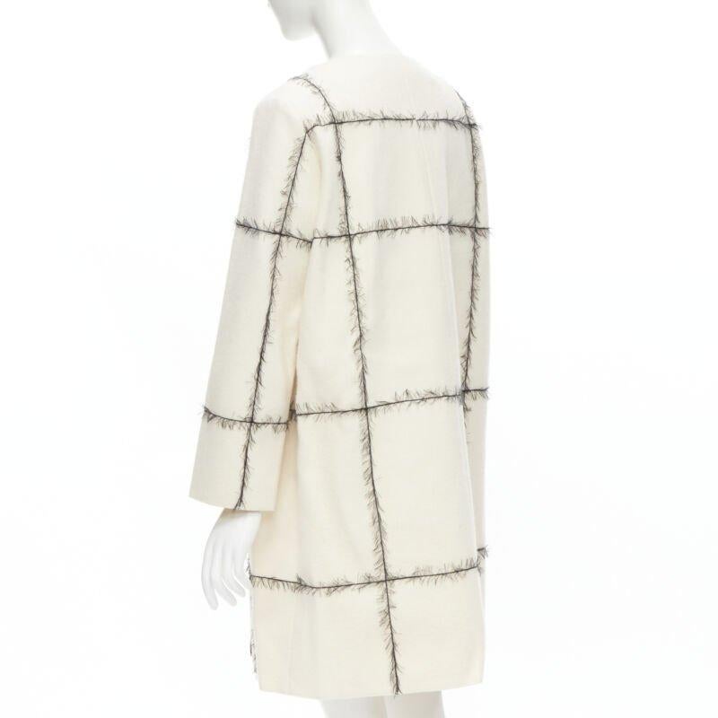 VERONIQUE LEROY cream wool frayed check toggle button double breasted coat FR36 For Sale 2