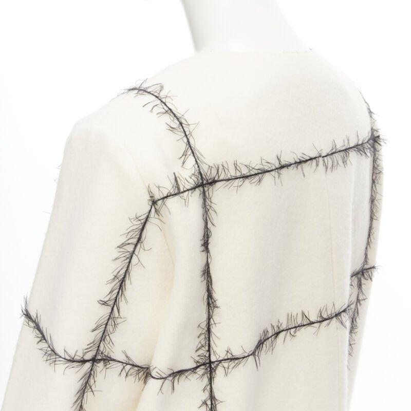 VERONIQUE LEROY cream wool frayed check toggle button double breasted coat FR36 For Sale 3
