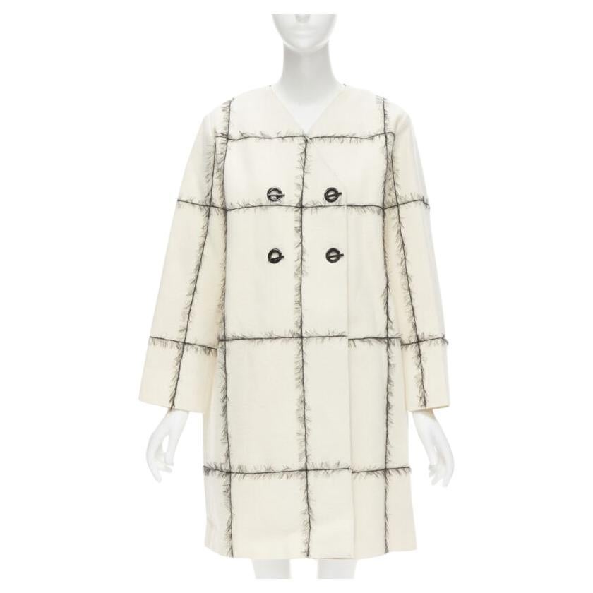 VERONIQUE LeRoy manteau double boutonnage en laine crème à carreaux effilochés FR36