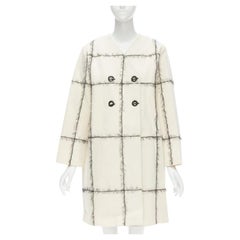 VERONIQUE LEROY cream wool frayed check toggle button double breasted coat FR36