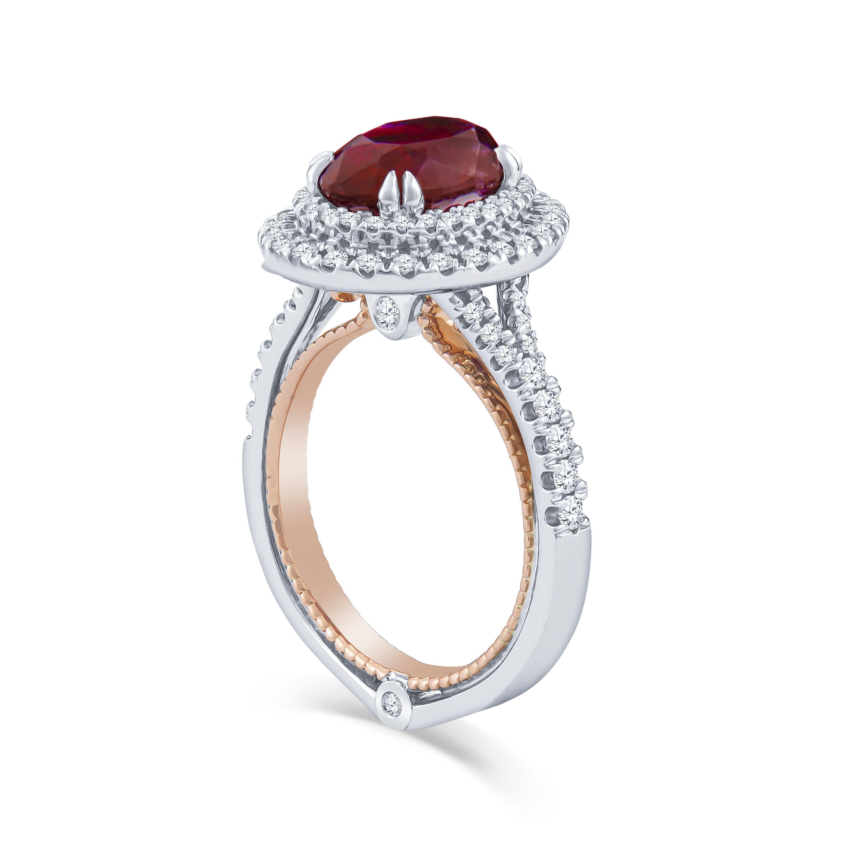 Taille ovale Verragio, bague de fiançailles avec double halo de diamants et rubis de taille ovale de 2,62 carats certifié GIA en vente