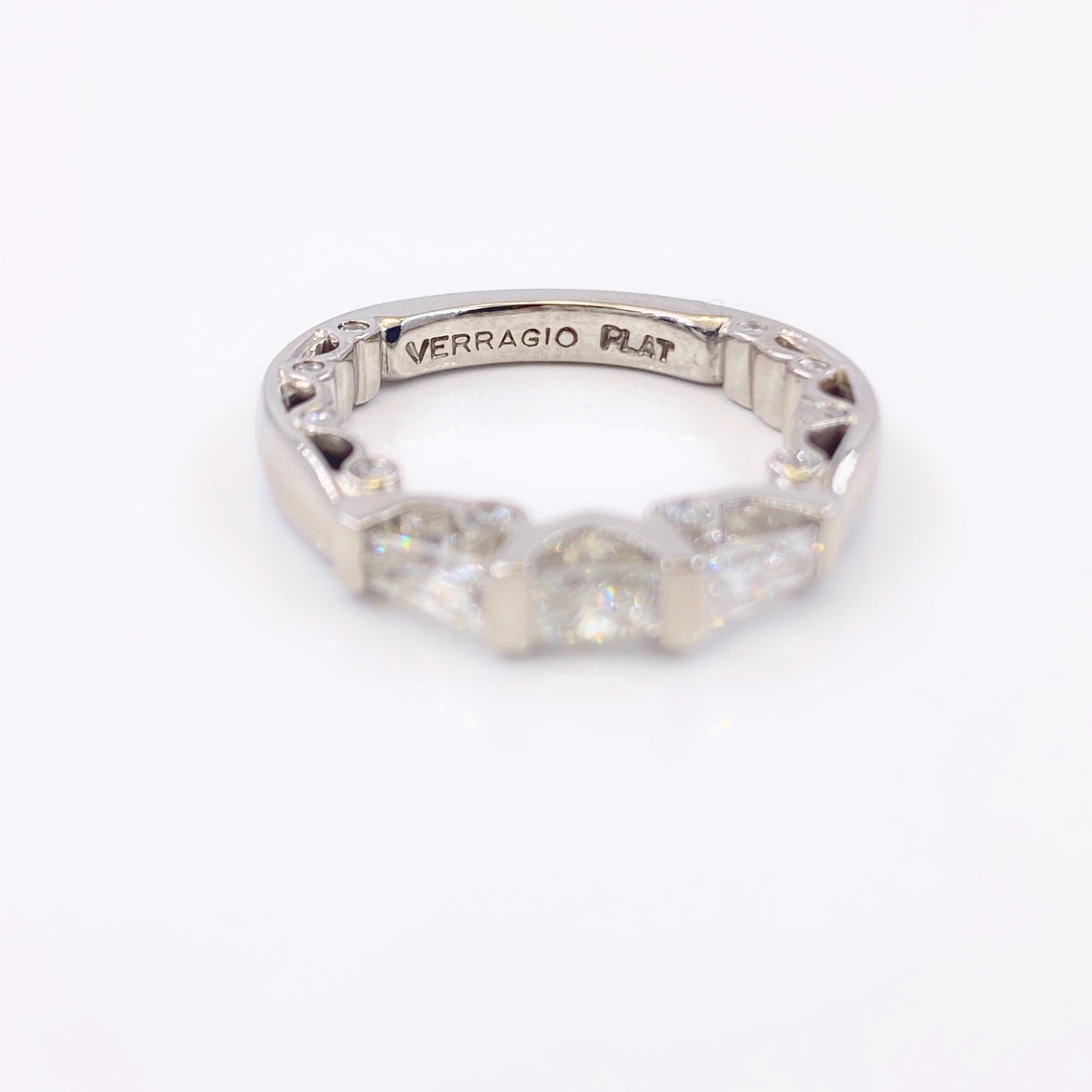 Verragio  Paradiso Diamond Wedding Band Ring
Style:  Shared Setting Band
Metal:  Platinum 
Size:  5 - sizable
TCW:  0.80 tcw
Diamonds:  3 Baguette Diamonds & 20 Round Brilliant Diamonds. 0.80 tcw
Color & Clarity:  G - H / VS1 - VD2
Hallmark: 