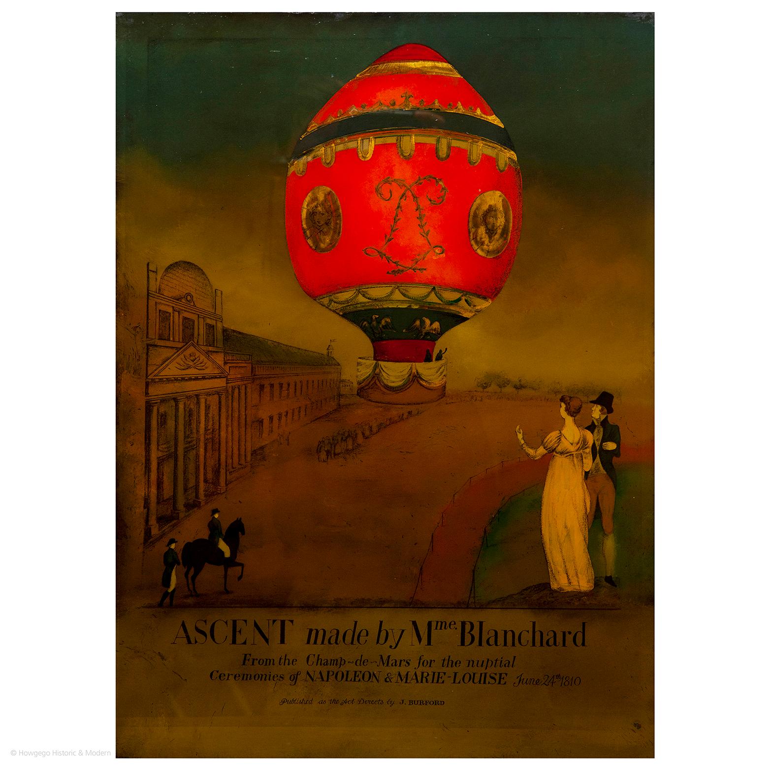 Verre églomisé of the balloon ascent made by Madame Blanchard from the Champ-de-Mars to celebrate the wedding of Napoleon and Marie Louise on 24th June 1810.  Inscribed ' Ascent made by Mme Blanchard.  From the Champ-de-Mars for the nuptial